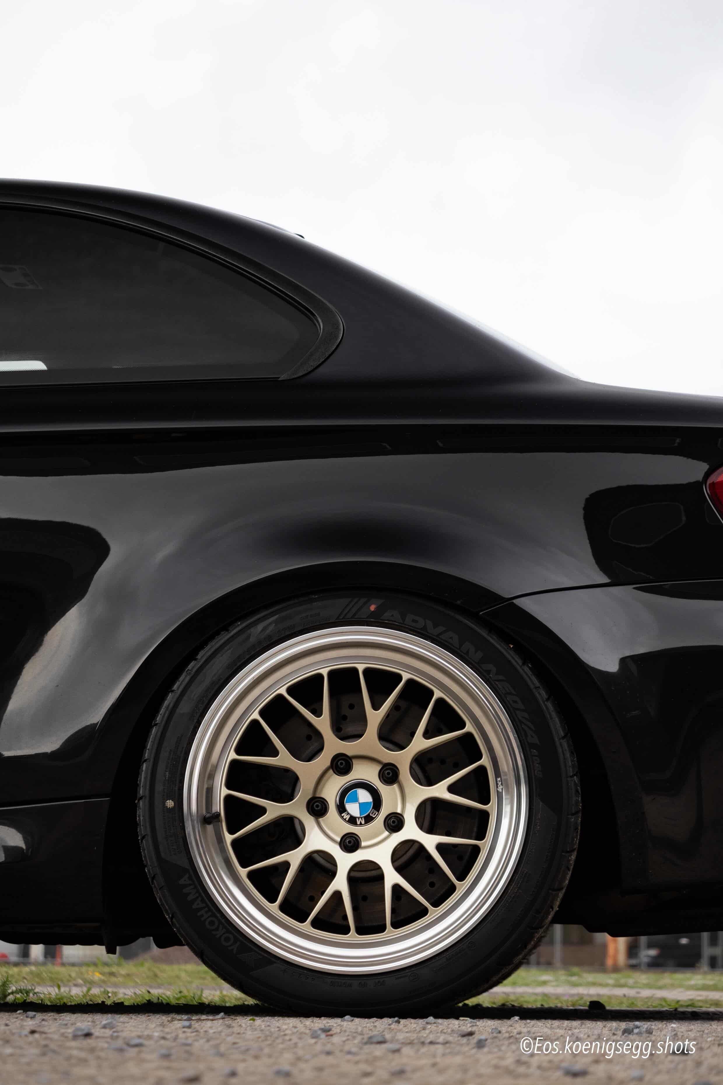 Black BMW E82 1M with 18" ML-10RT Apex wheels in Machined Lip Gloss Motorsport Gold