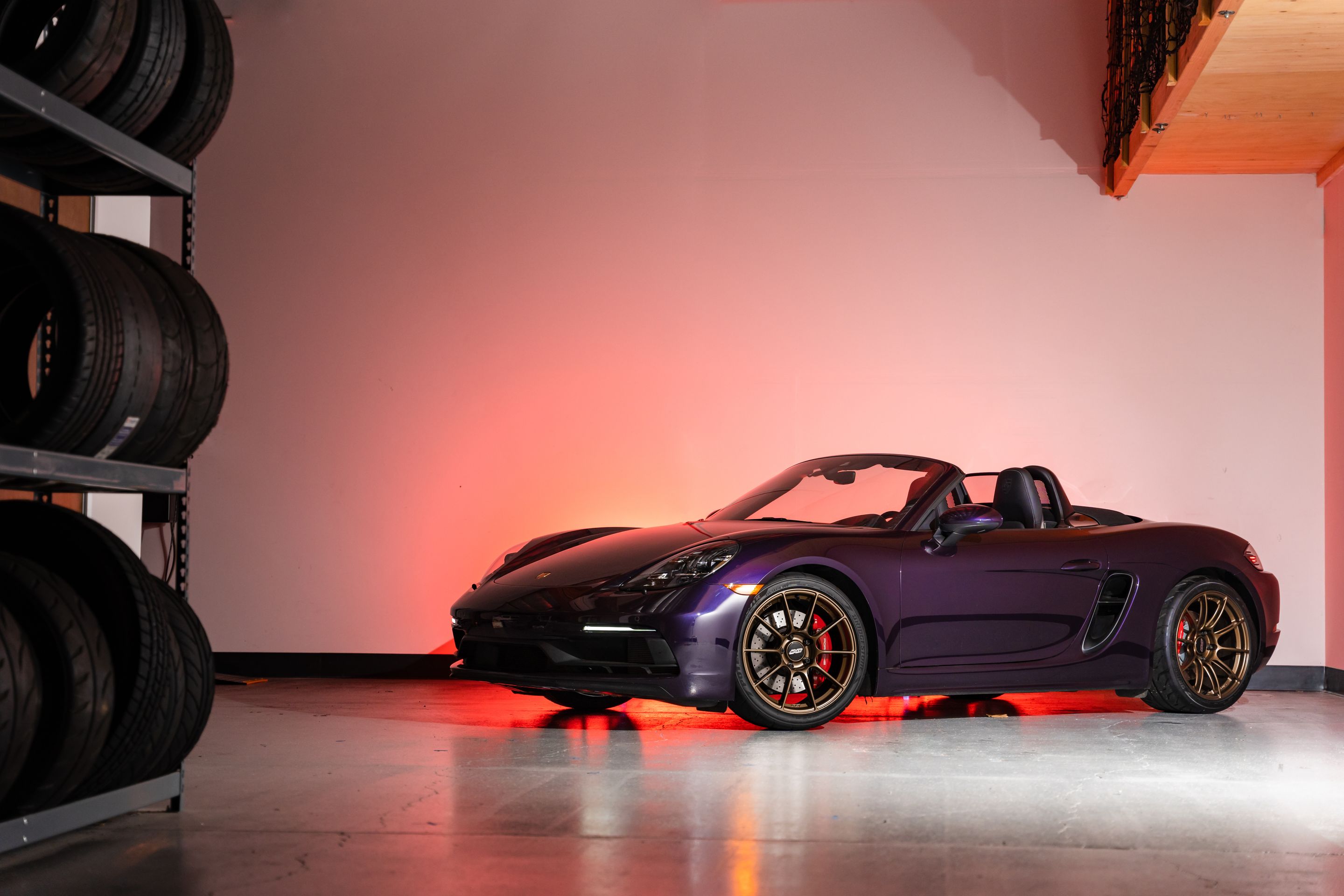 Purple Porsche 718 Boxster GTS 4.0L with 19" SM-10RS Apex wheels in Satin Bronze
