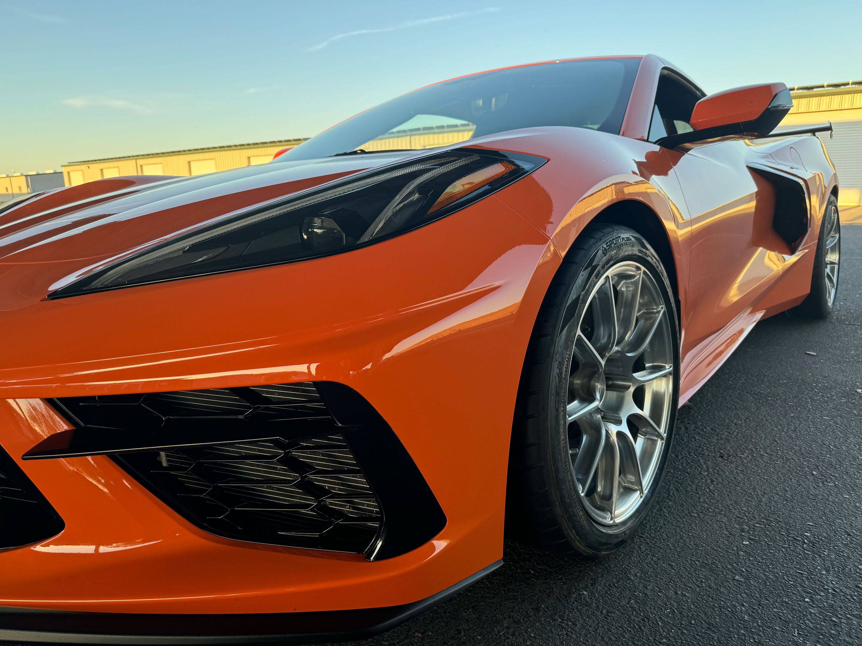 Orange Chevrolet C8 Corvette Stingray/Z51 with 18"/19" SM-10RS Apex wheels in Brushed Clear