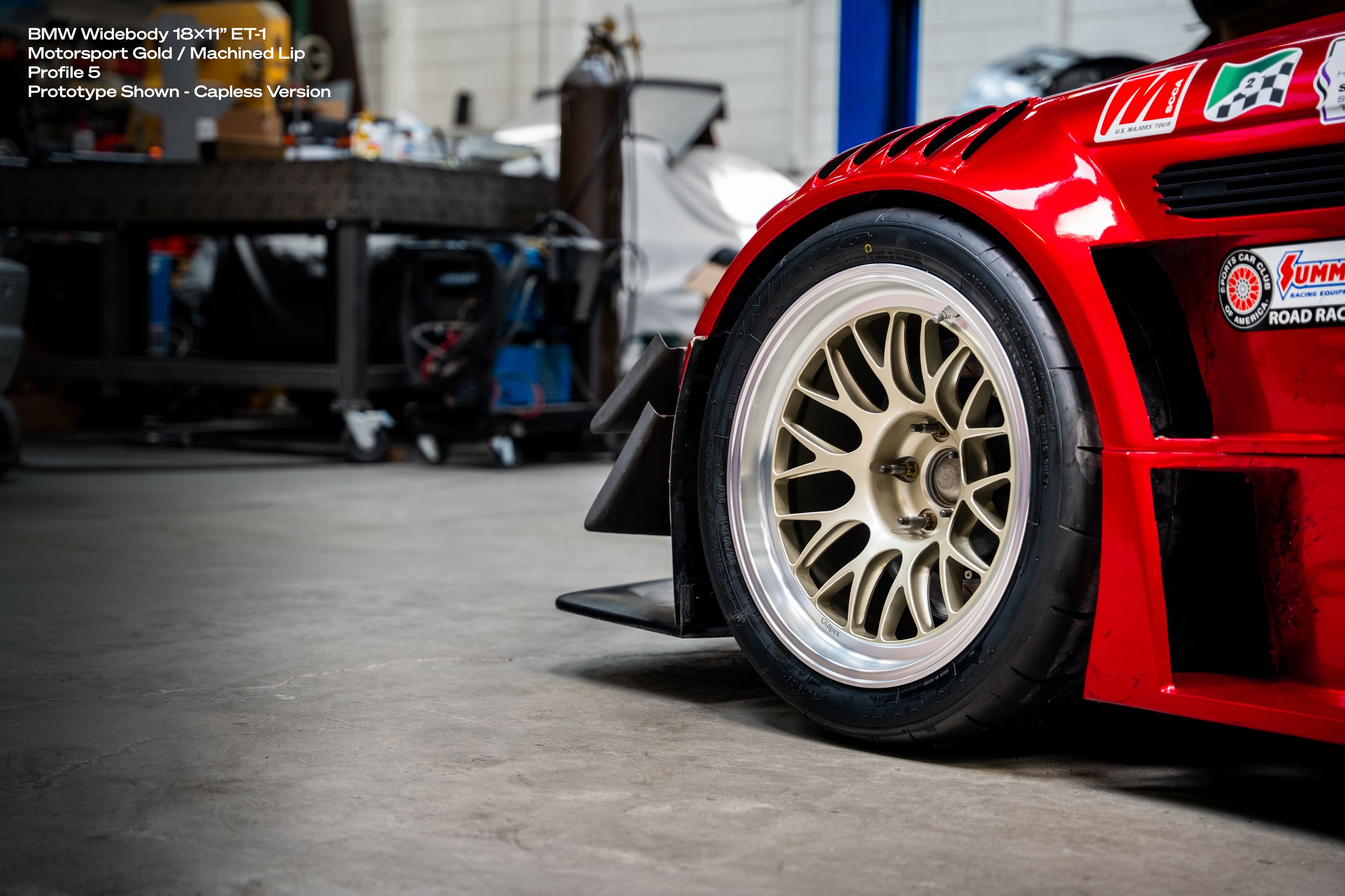Red BMW E46 M3 with 18" ML-10RT Apex wheels in Machined Lip Gloss Motorsport Gold