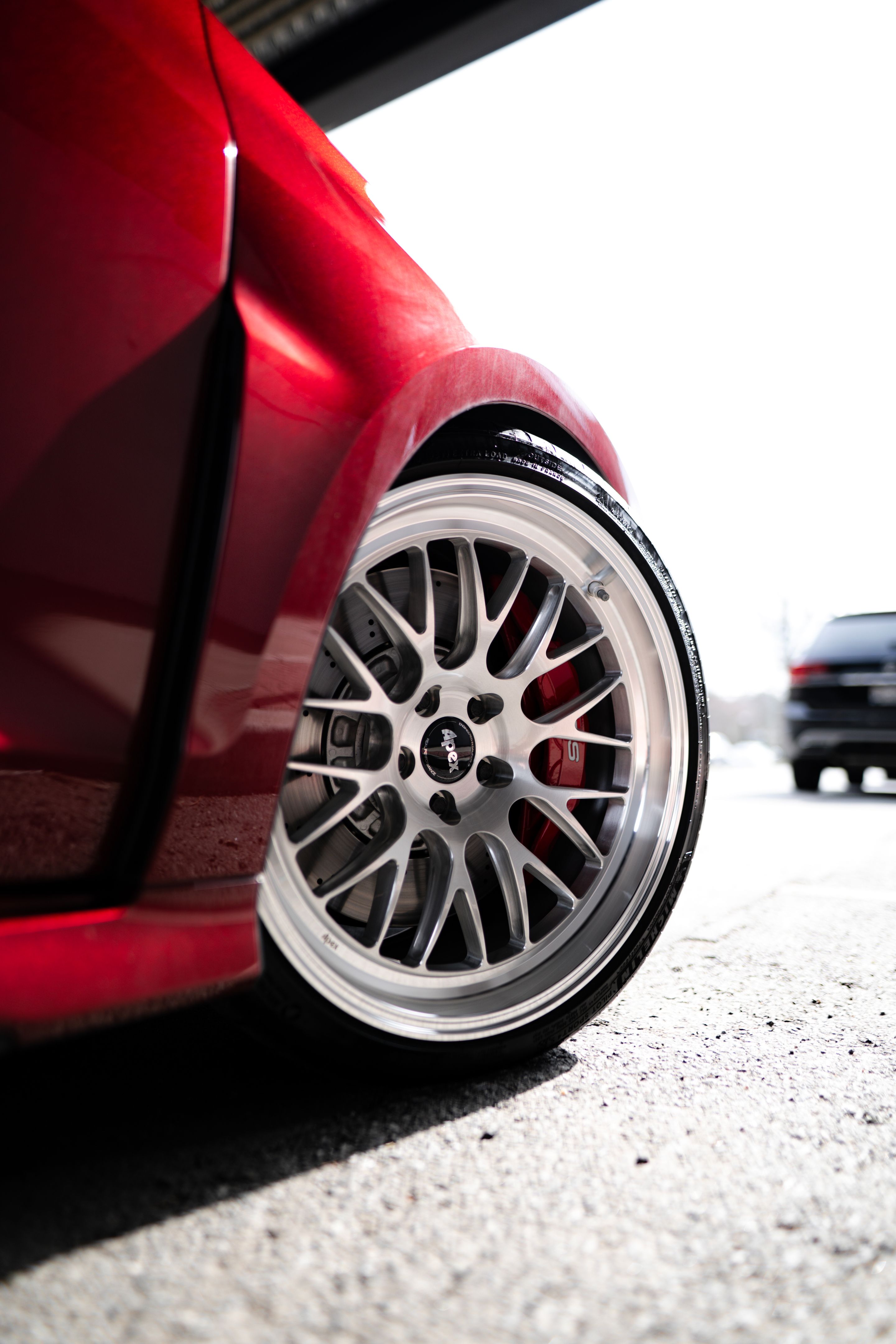 Red Audi 8Y RS 3 with 19" ML-10RT Apex wheels in Machined Lip Brushed Clear