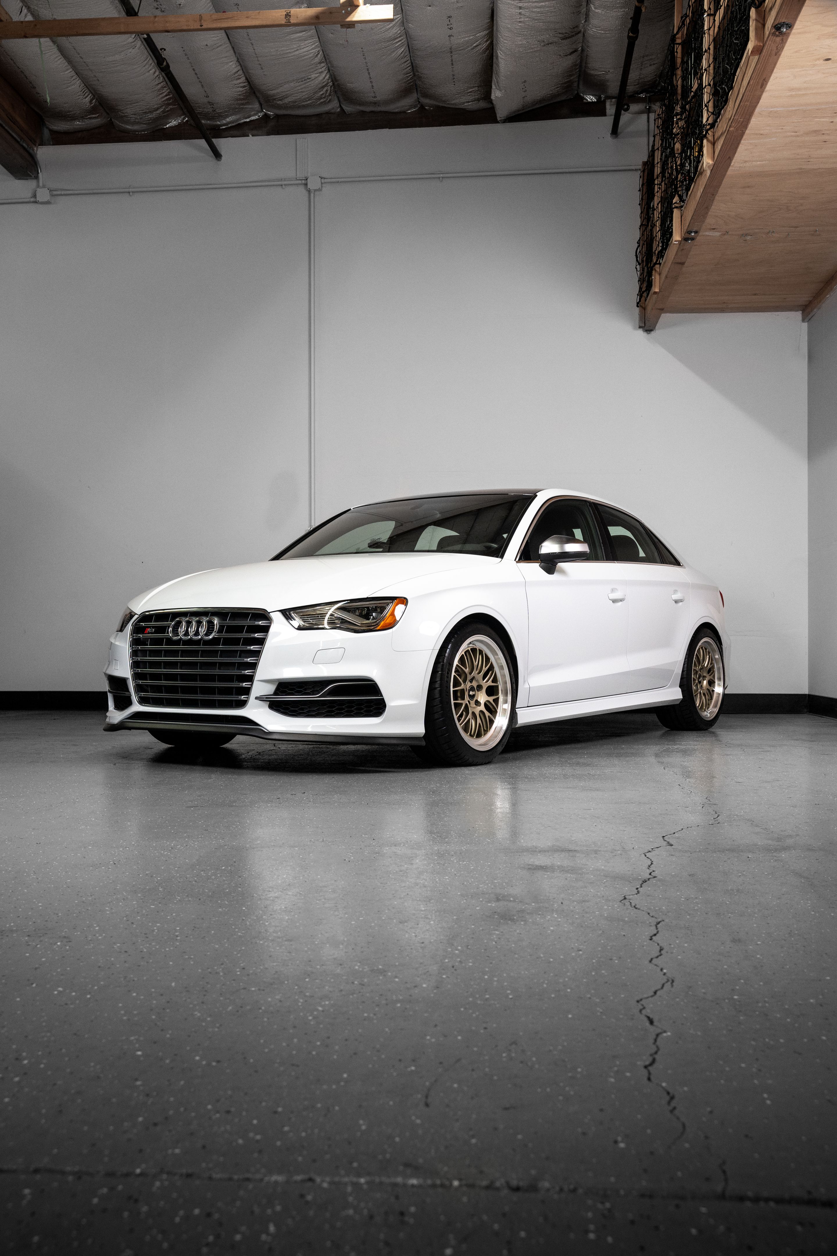 White Audi 8V S3 with 18" ML-10RT Apex wheels in Machined Lip Gloss Motorsport Gold