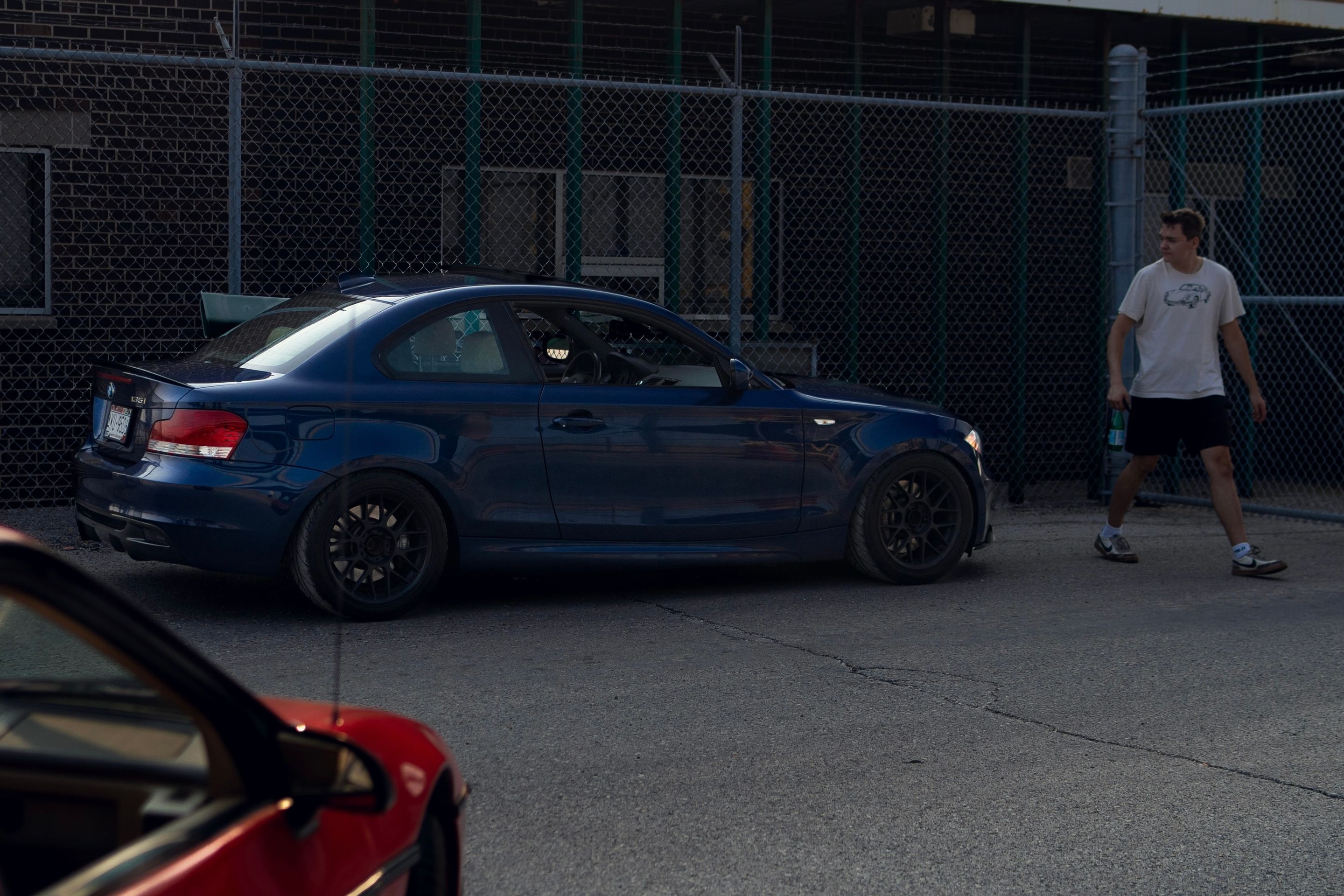 Blue BMW E82 Coupe 1 Series with 17" ARC-8 Apex wheels in Satin Black