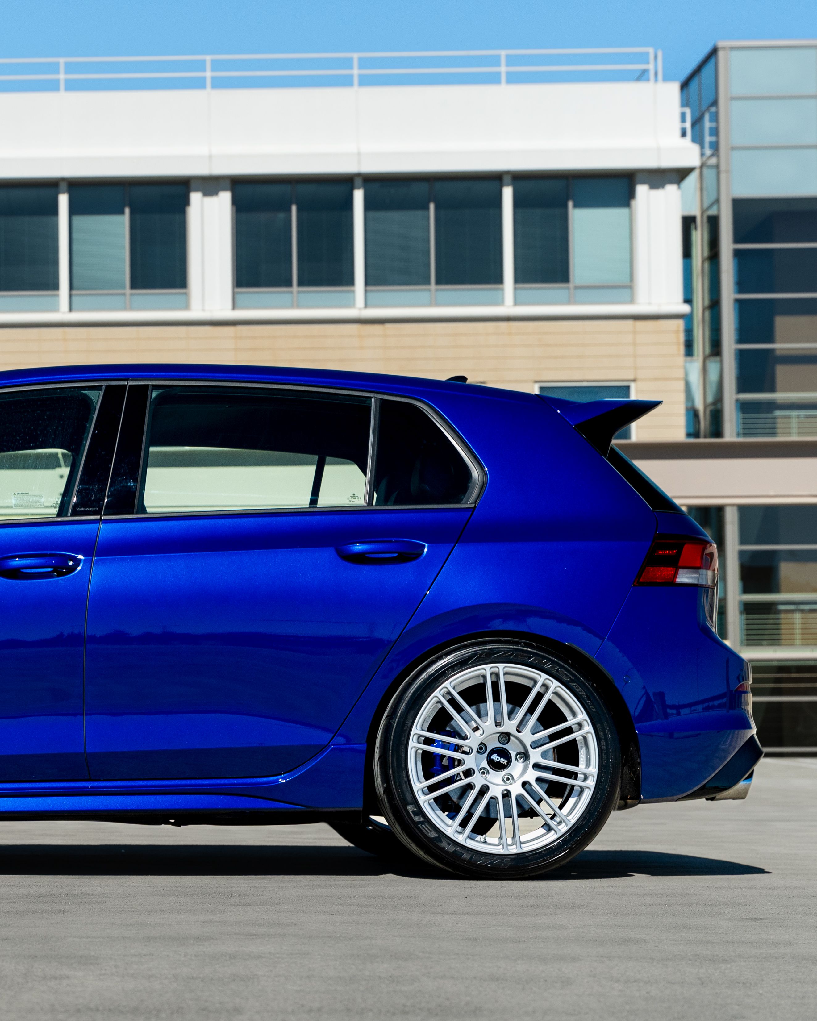 Blue VW MK8 Golf R with 18" TC-10RT Apex wheels in Race Silver