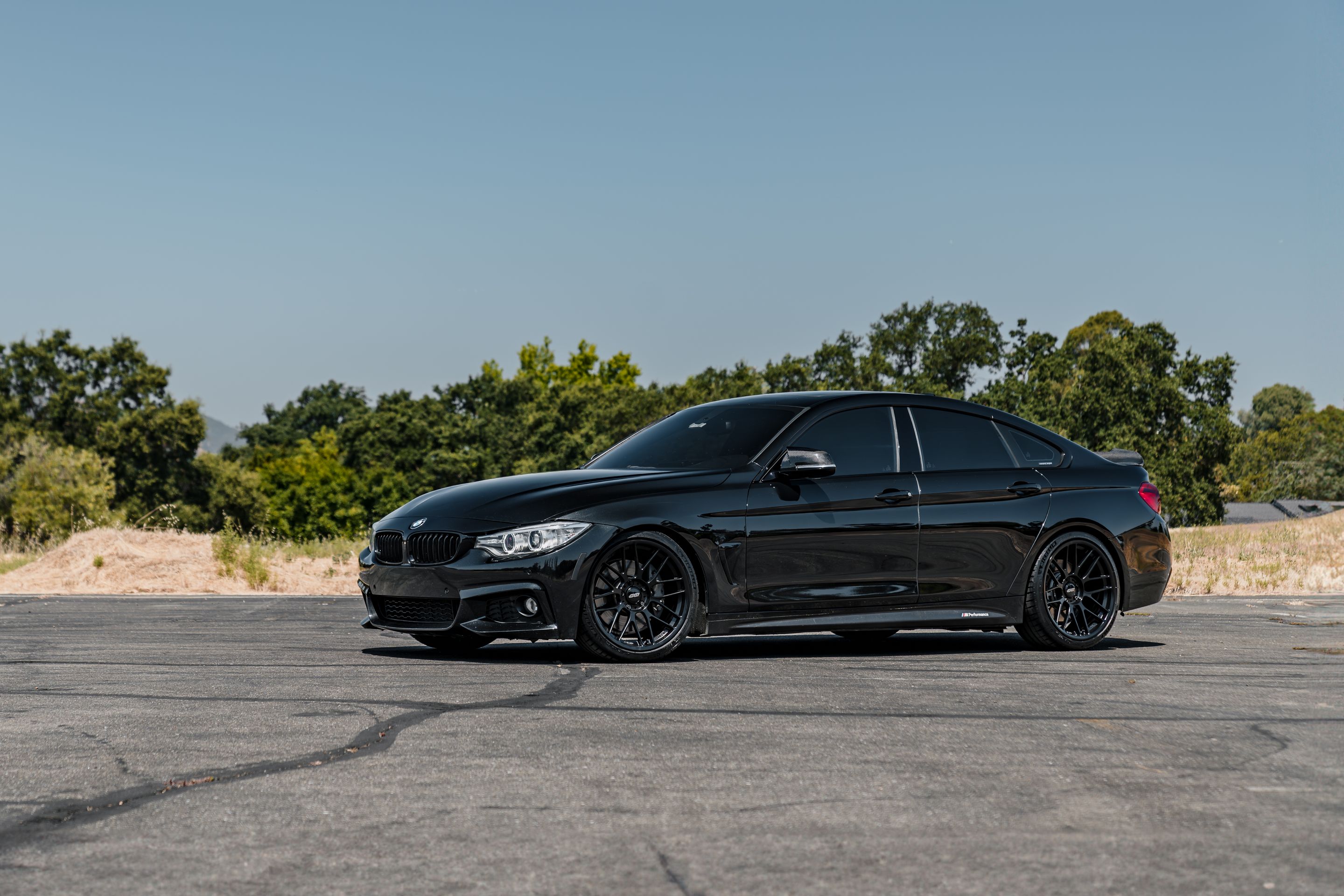 Black BMW F36 Gran Coupe 4 Series with 19" ARC-8RT Apex wheels in Satin Black