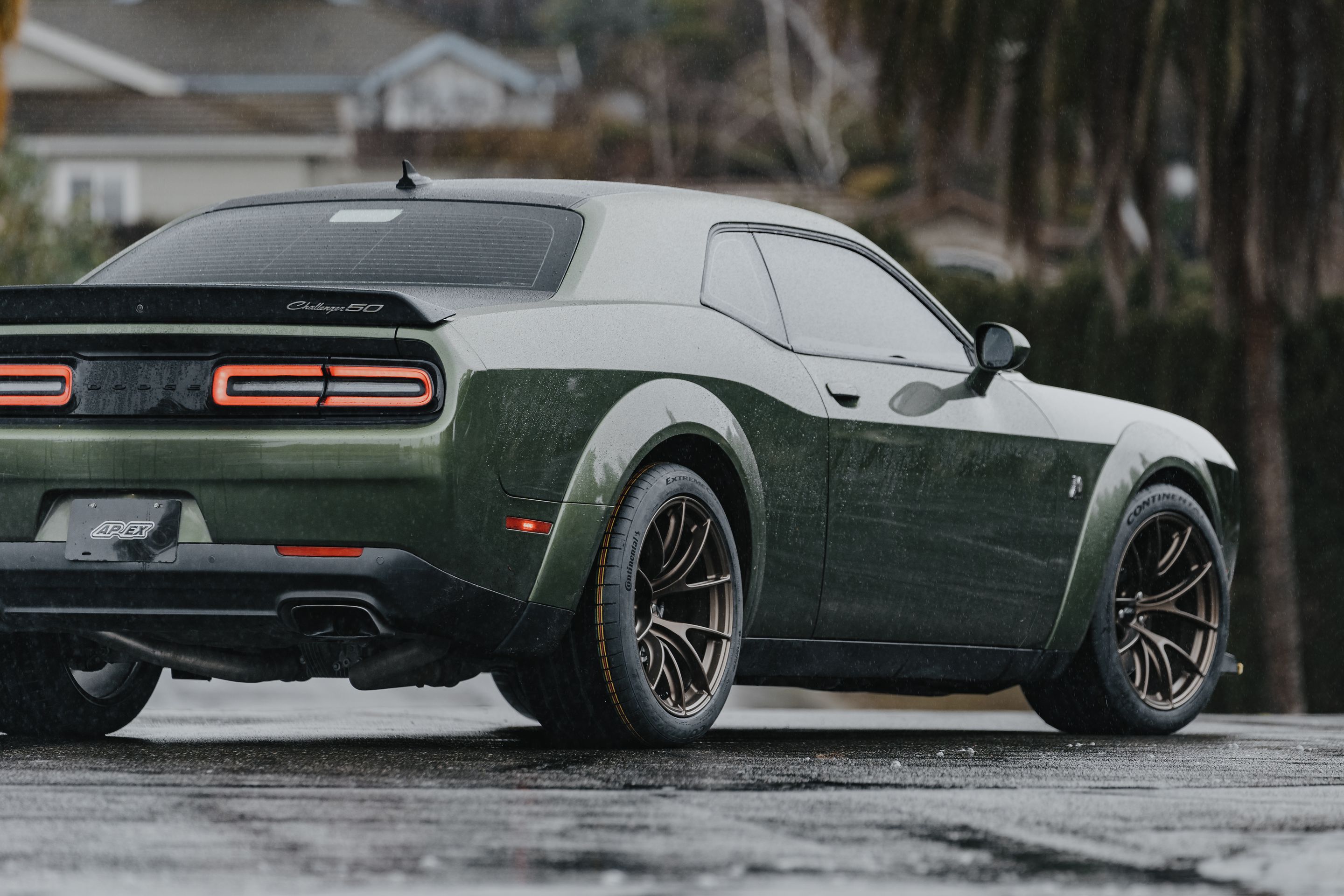 Green Dodge Challenger R/T Scat Pack Widebody with 20" VS-5RS Apex wheels in Satin Bronze