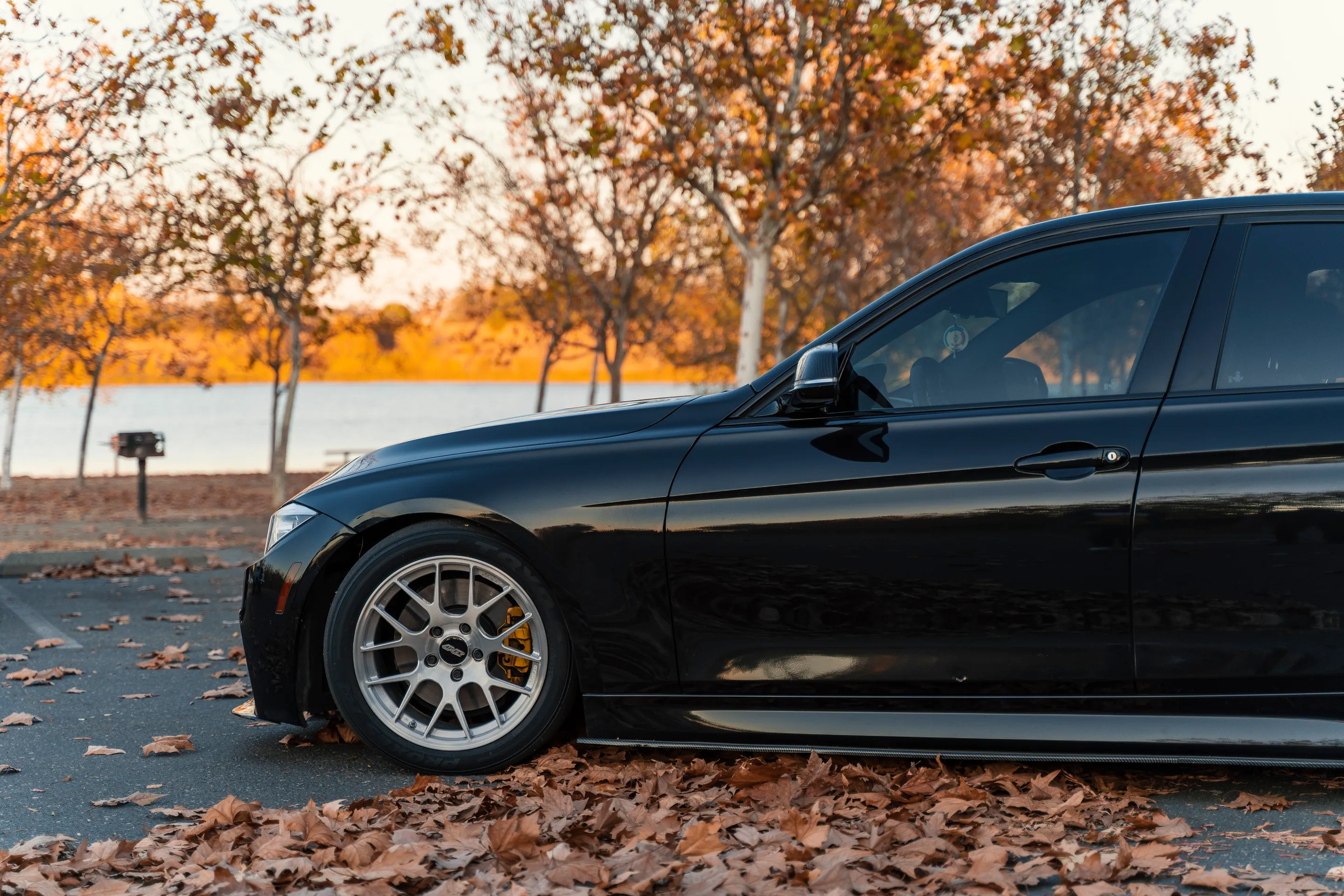 Black BMW F30 Sedan 3 Series with 17" EC-7R Apex wheels in Brushed Clear