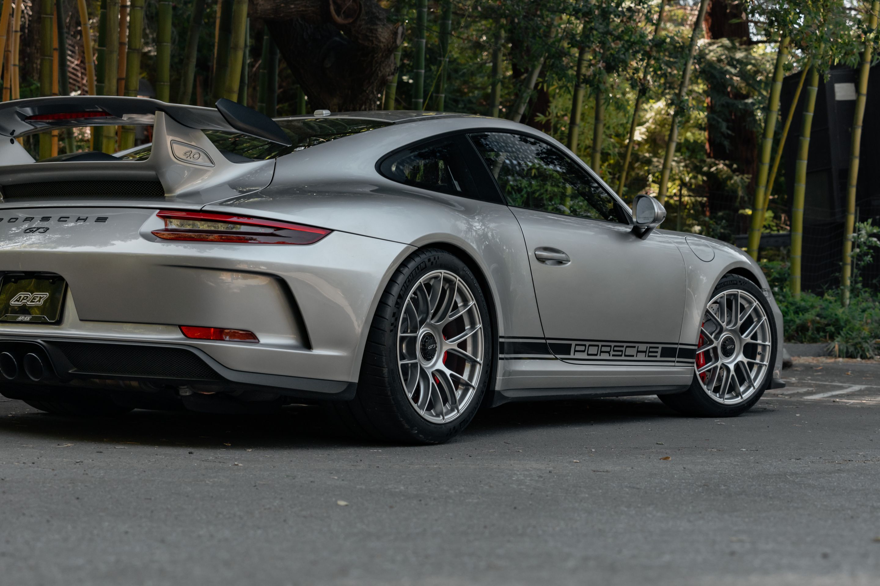 Silver Porsche 911 991.2 GT3 with 19" EC-7RS Apex wheels in Race Silver