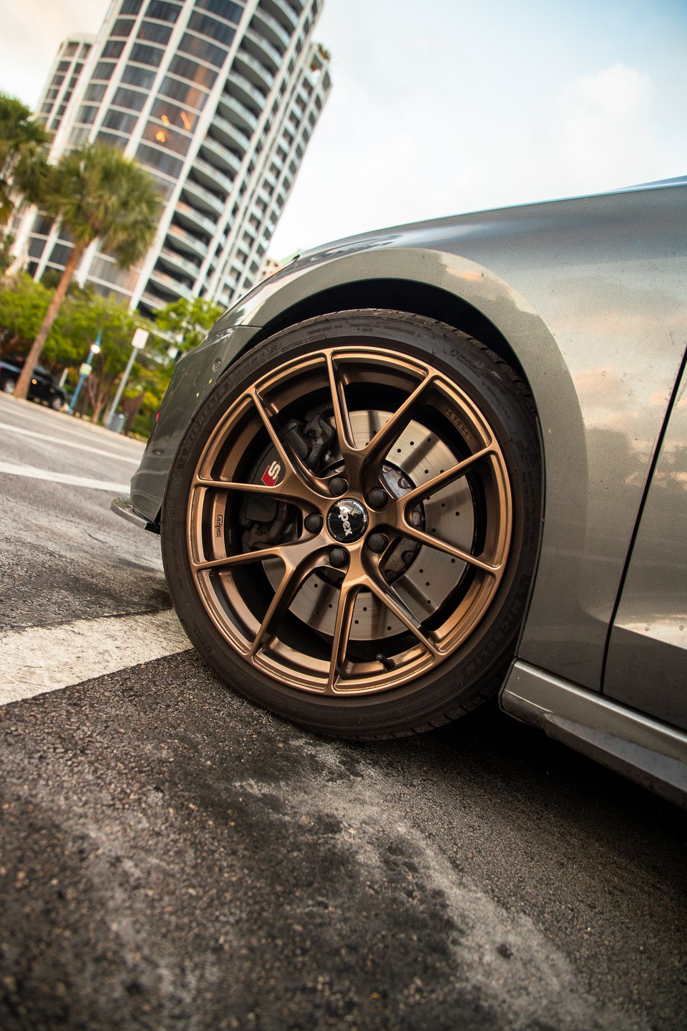 Grey Audi 8Y S3 with 18" VS-5RS Apex wheels in Satin Bronze