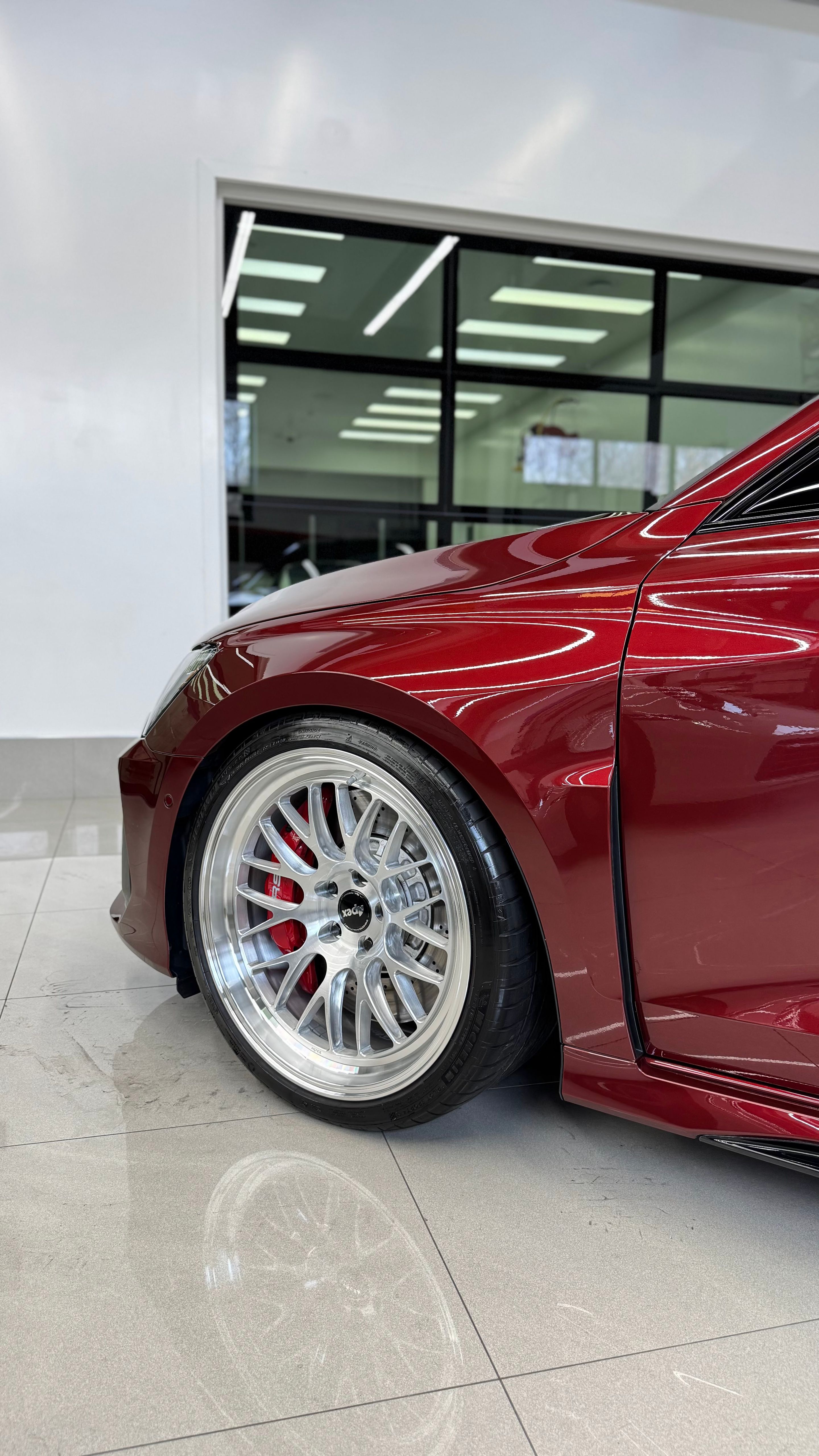 Red Audi 8Y RS 3 with 19" ML-10RT Apex wheels in Machined Lip Brushed Clear