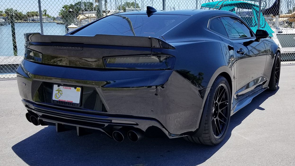 Black Chevrolet 6th Gen Camaro SS with 19" ARC-8 Apex wheels in Satin Black