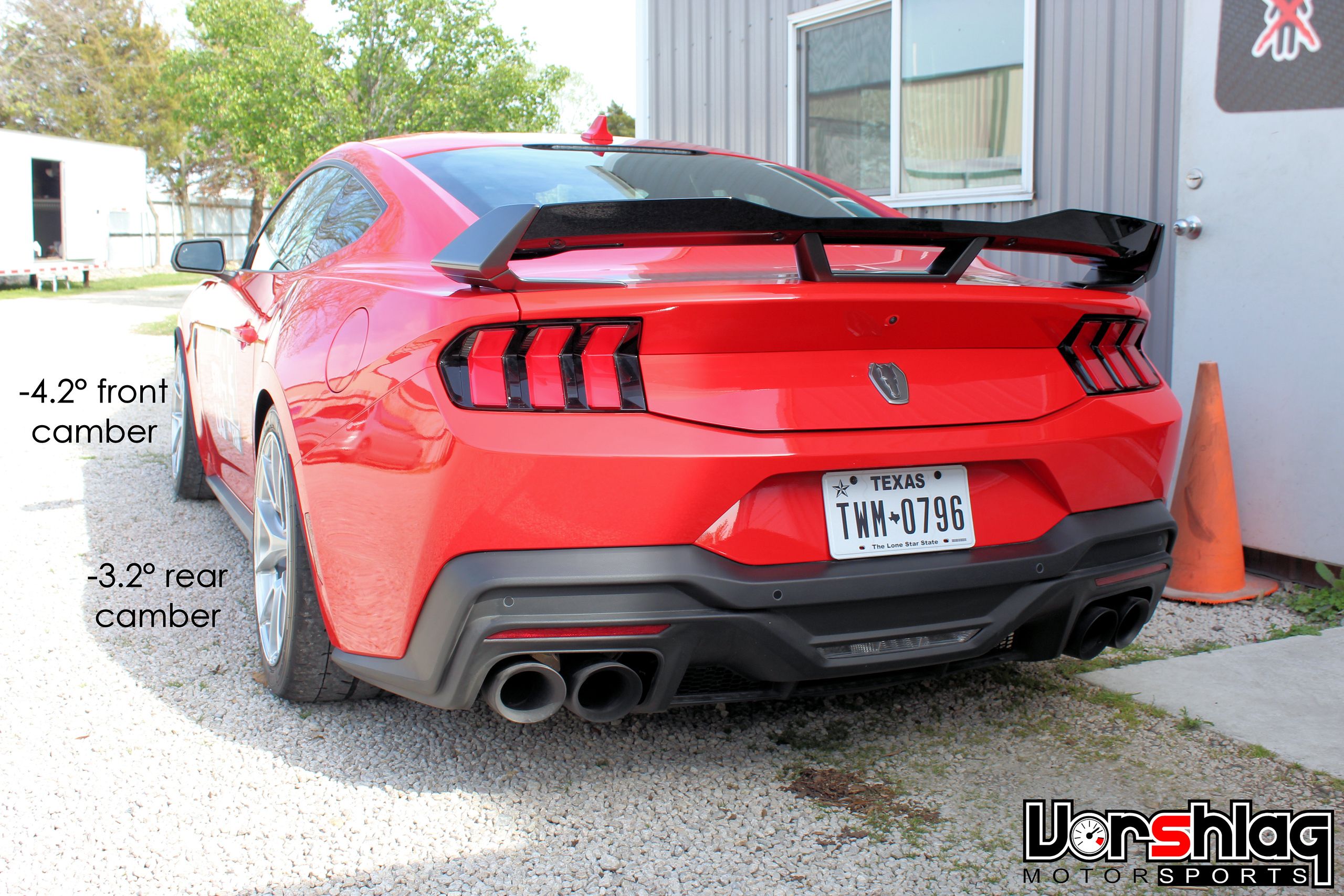 Red Ford S650 Mustang Dark Horse with 19" VS-5RS Apex wheels in Brushed Clear