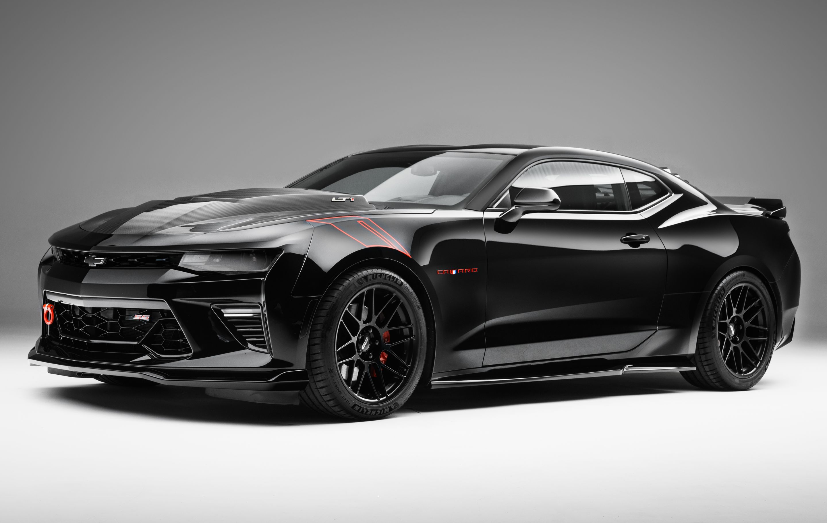 Black Chevrolet 6th Gen Camaro SS with 19" ARC-8 Apex wheels in Satin Black