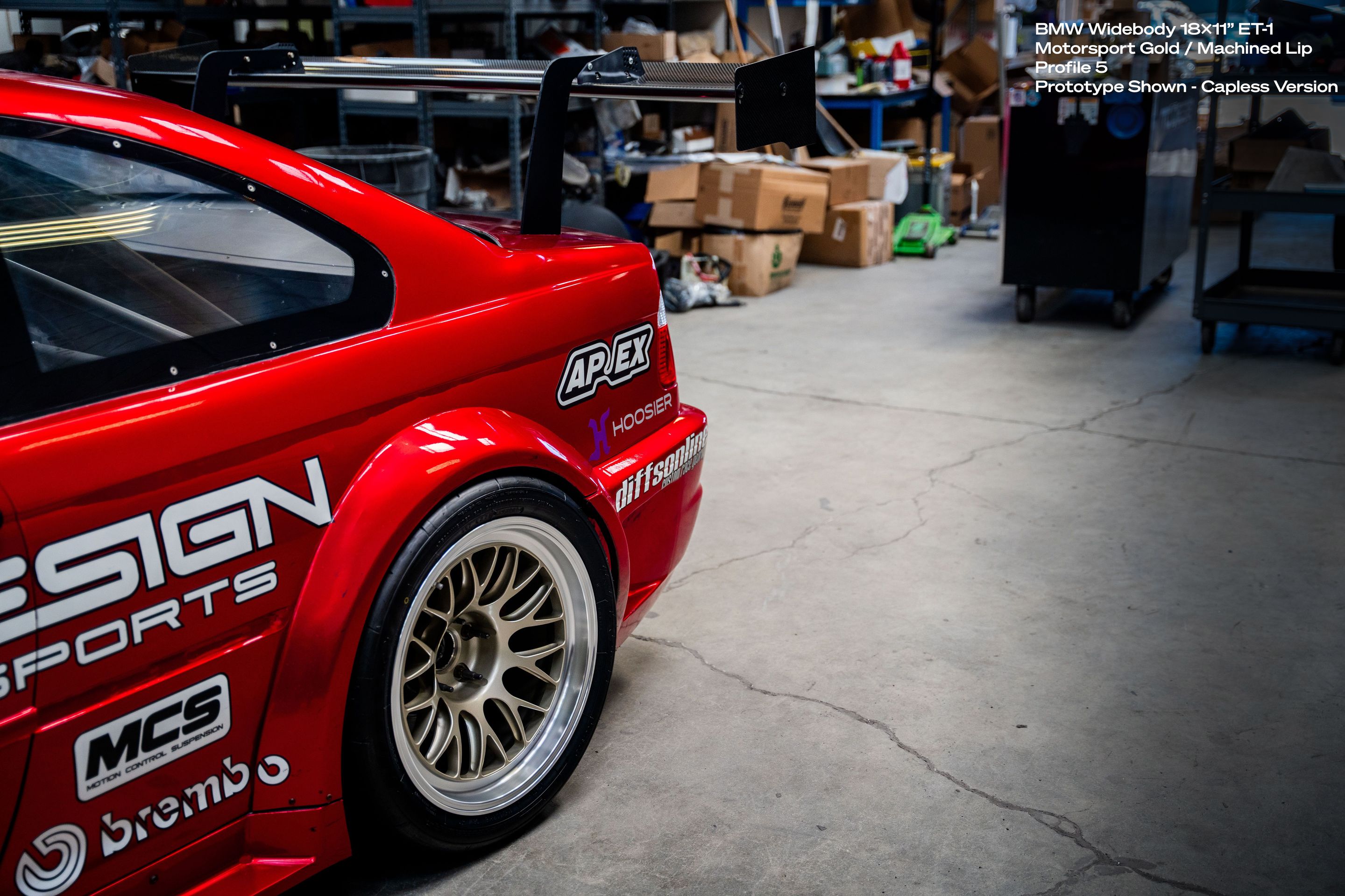Red BMW E46 M3 with 18" ML-10RT Apex wheels in Machined Lip Gloss Motorsport Gold