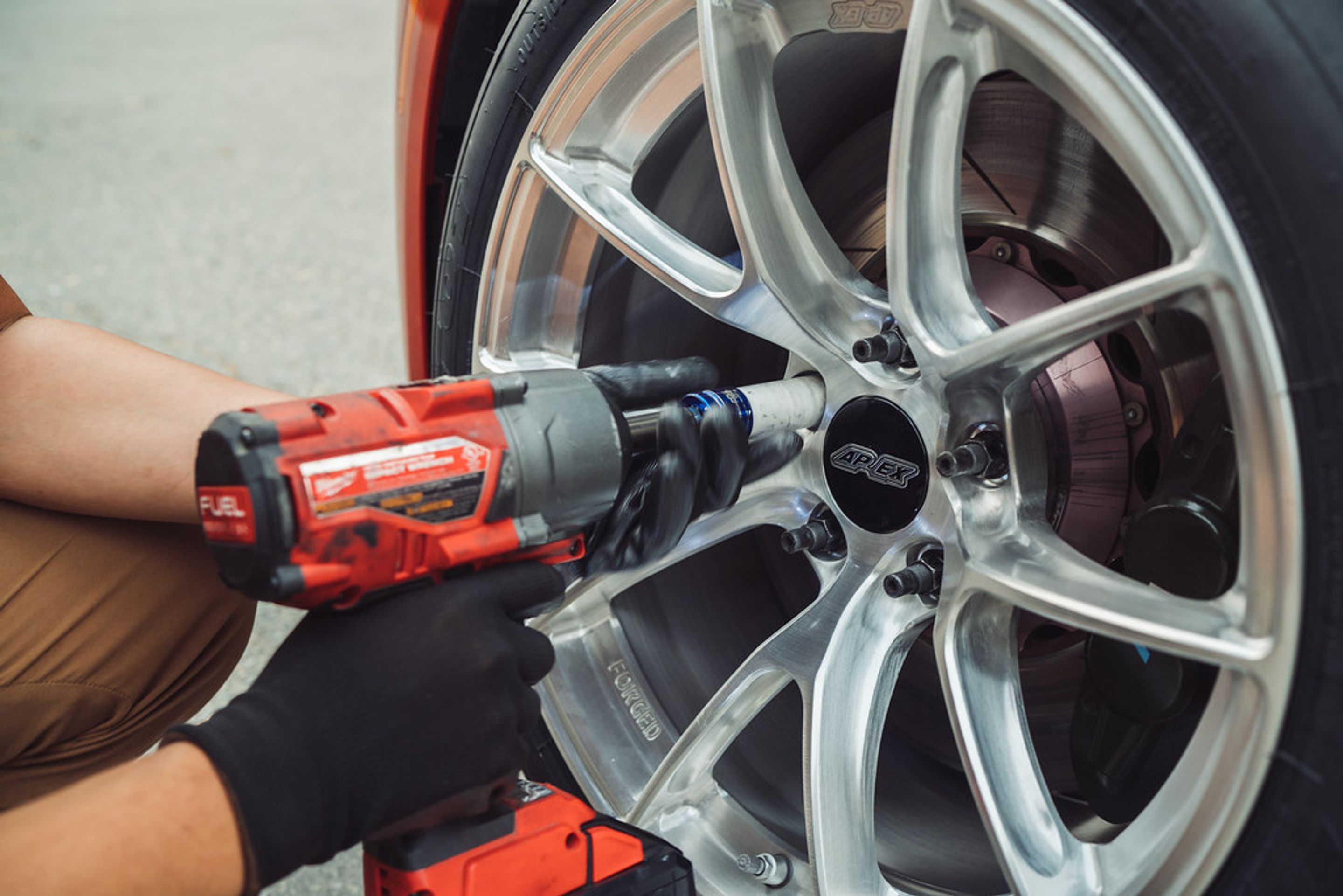 Orange BMW F82 Coupe M4 with 18" VS-5RS Apex wheels in Brushed Clear