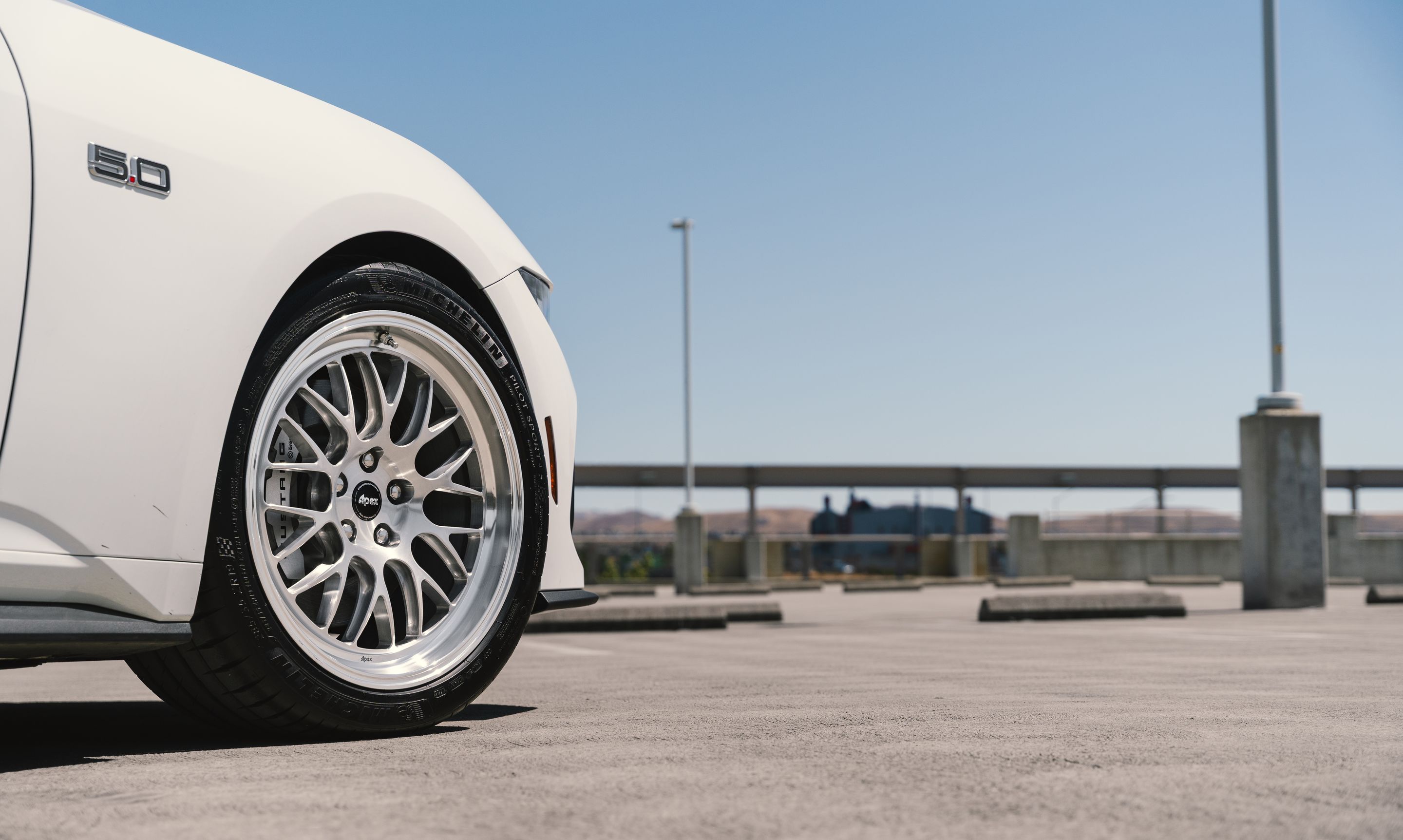 White Ford S650 Mustang GT with 19" ML-10RT Apex wheels in Machined Lip Brushed Clear