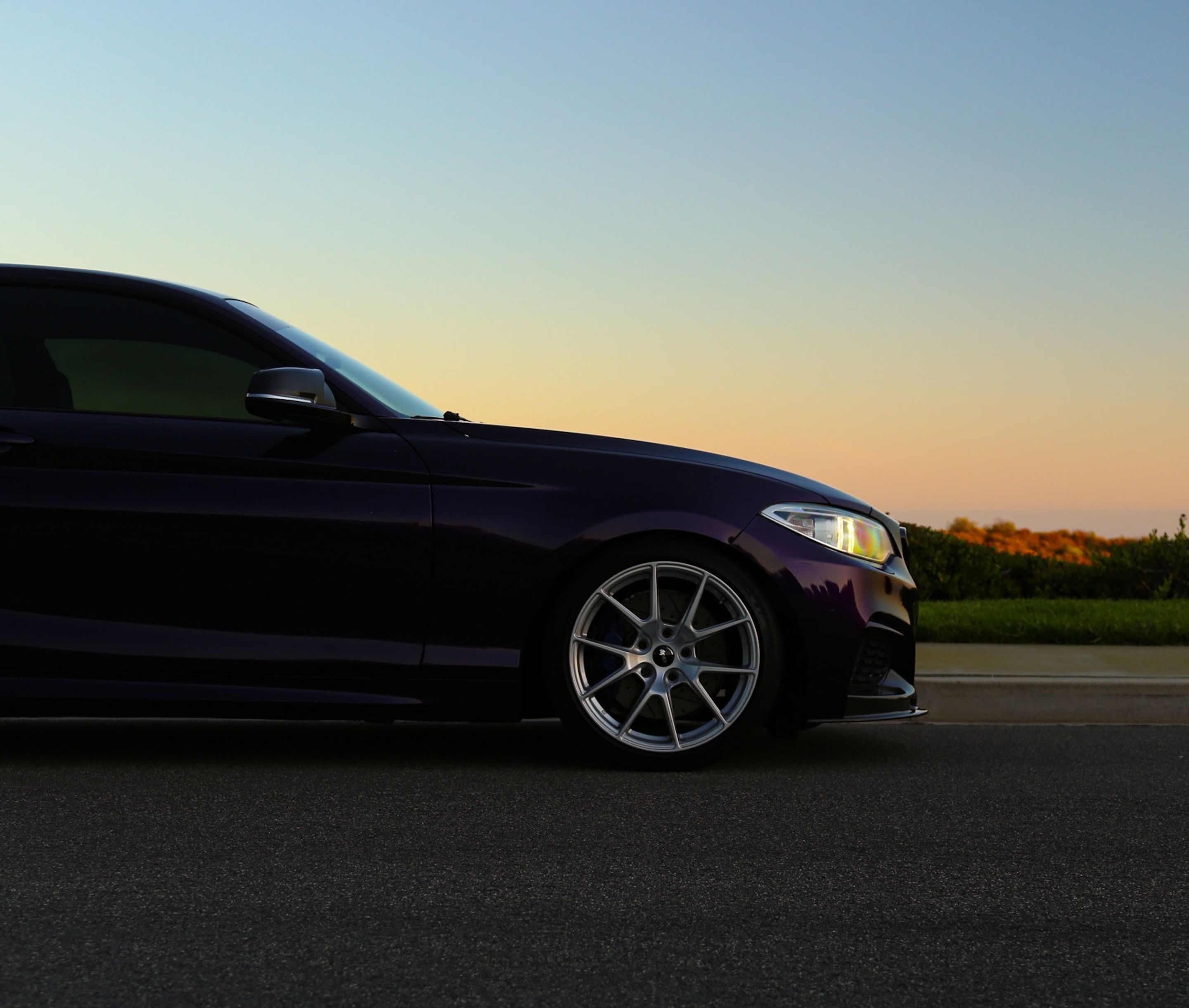 Purple BMW F22 Coupe 2 Series with 18" VS-5 Apex wheels in Race Silver