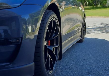 Grey Tesla Model 3 with 19" VS-5RS Apex wheels in Satin Black