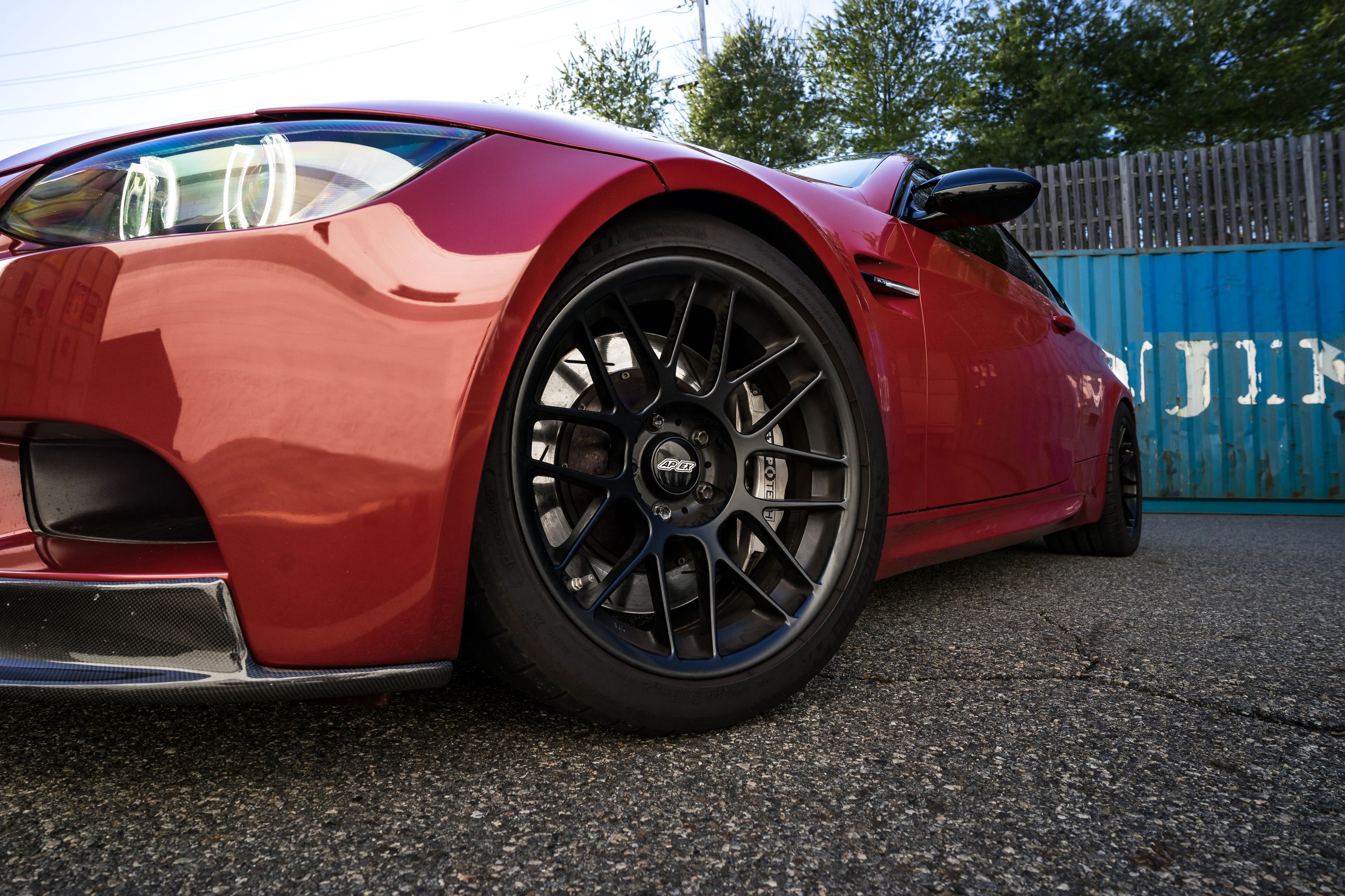 Red BMW E92 Coupe M3 with 18" ARC-8 Apex wheels in Satin Black