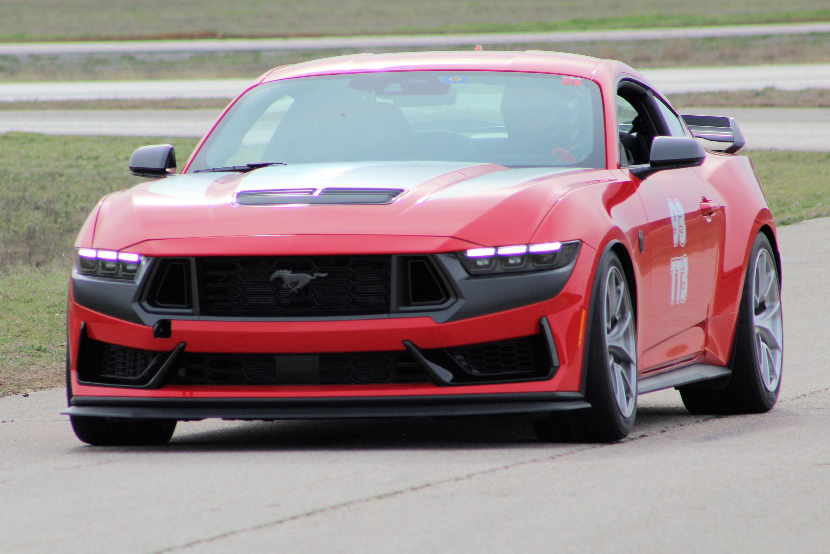 Red Ford S650 Mustang Dark Horse with 19" VS-5RS Apex wheels in Brushed Clear