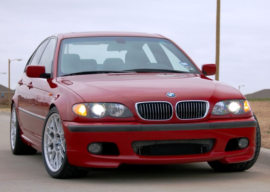 Red BMW E46 3 Series with 18" ARC-8 Apex wheels in Hyper Silver