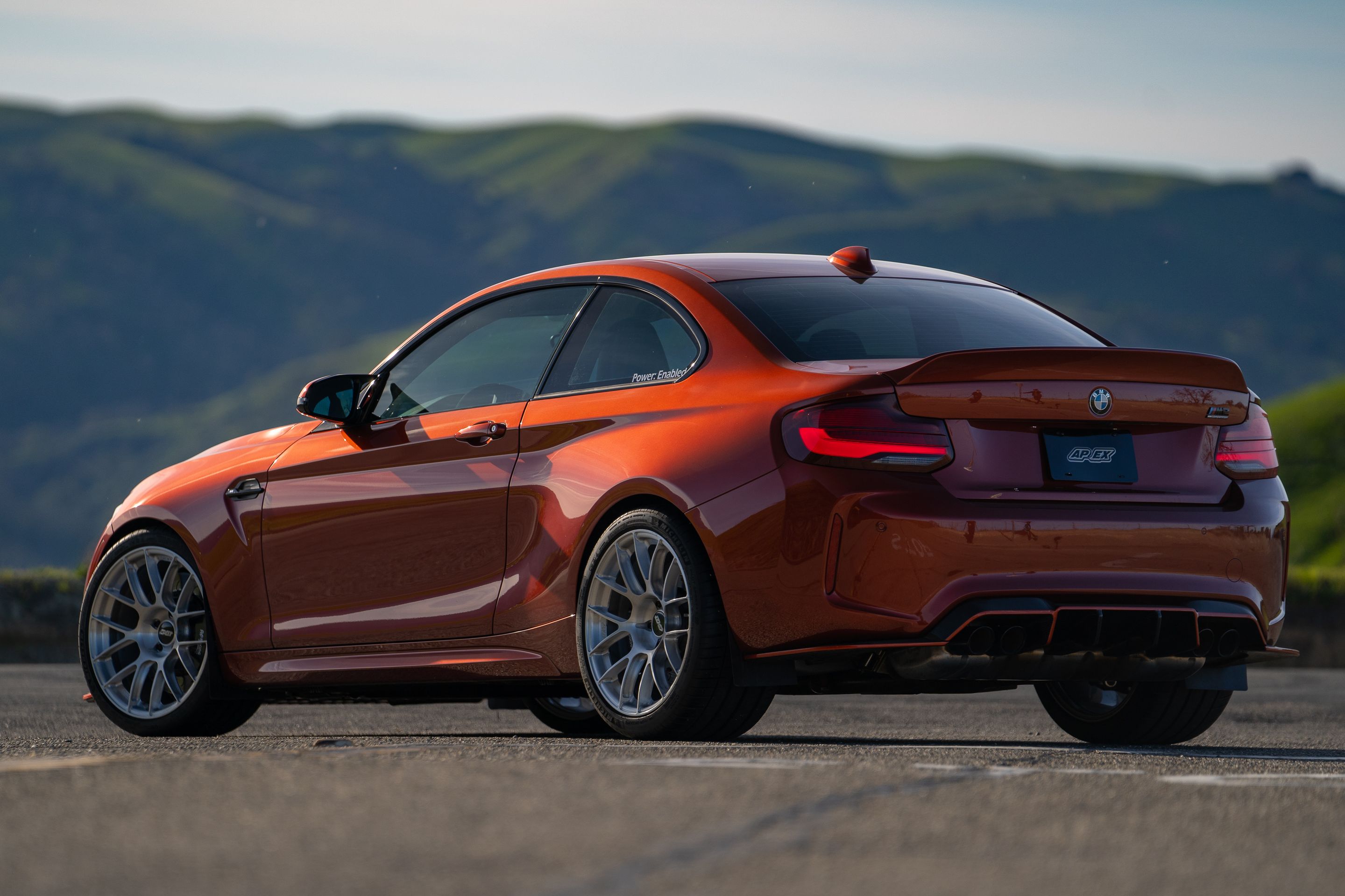 Orange BMW F87 M2 with 19" EC-7RS Apex wheels in Brushed Clear