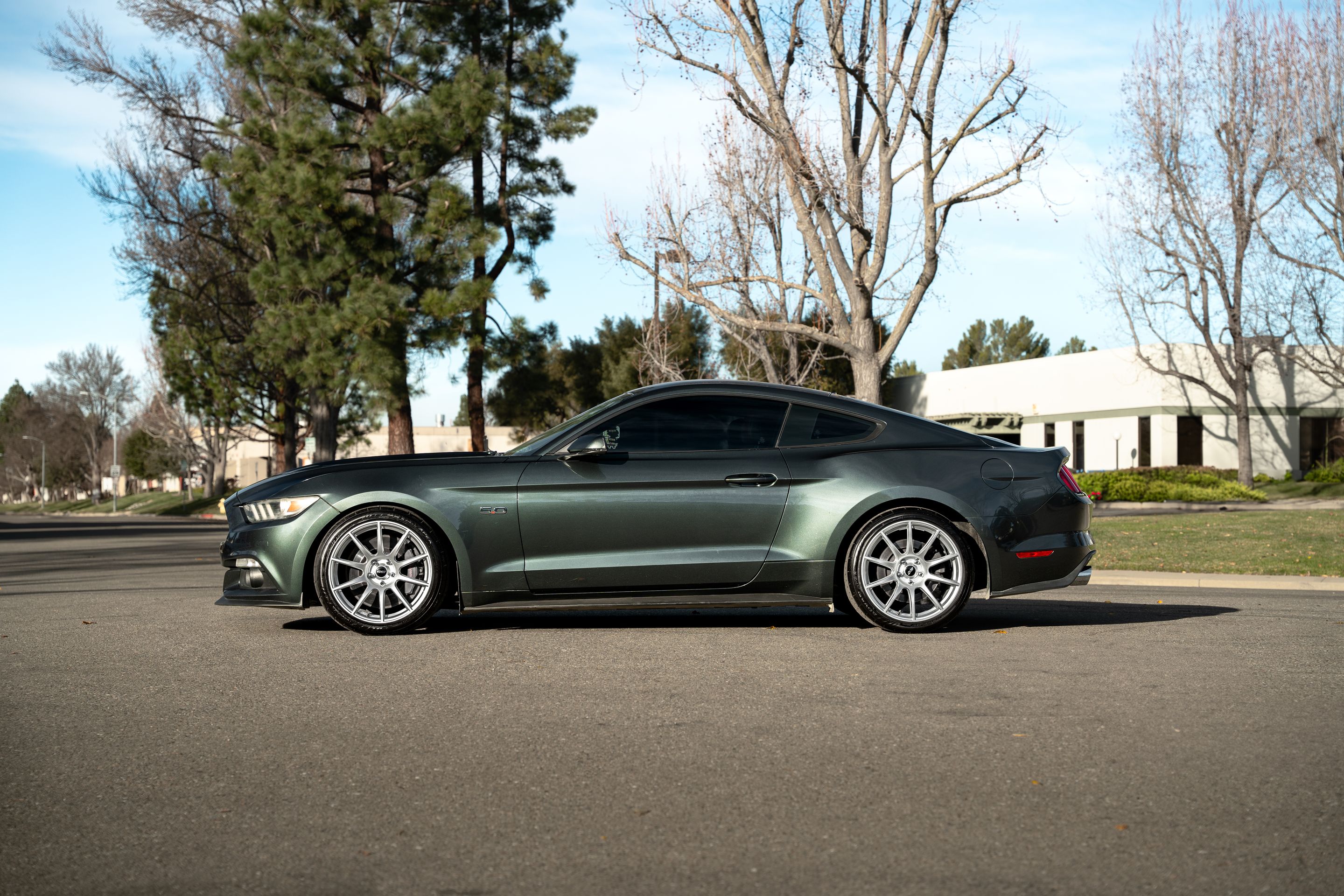 Green Ford S550 Mustang GT with 19" SM-10 Apex wheels in Race Silver