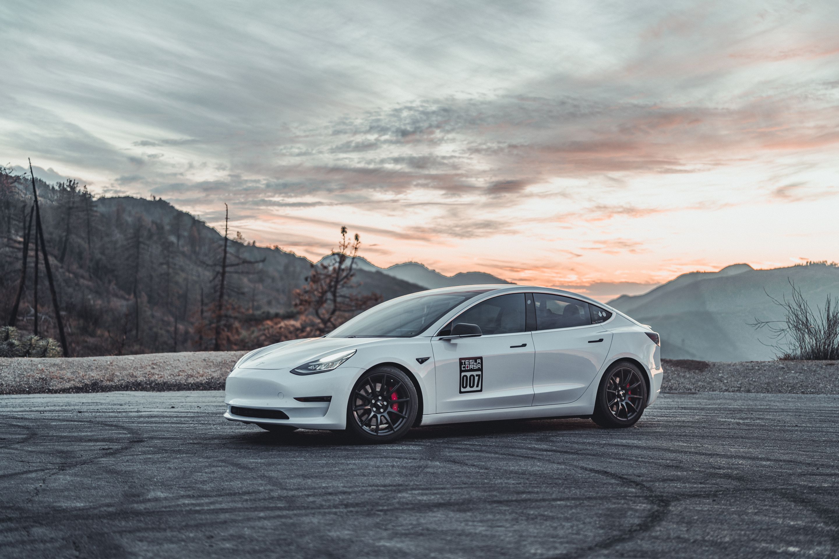 White Tesla Model 3 with 19" SM-10 Apex wheels in Satin Black