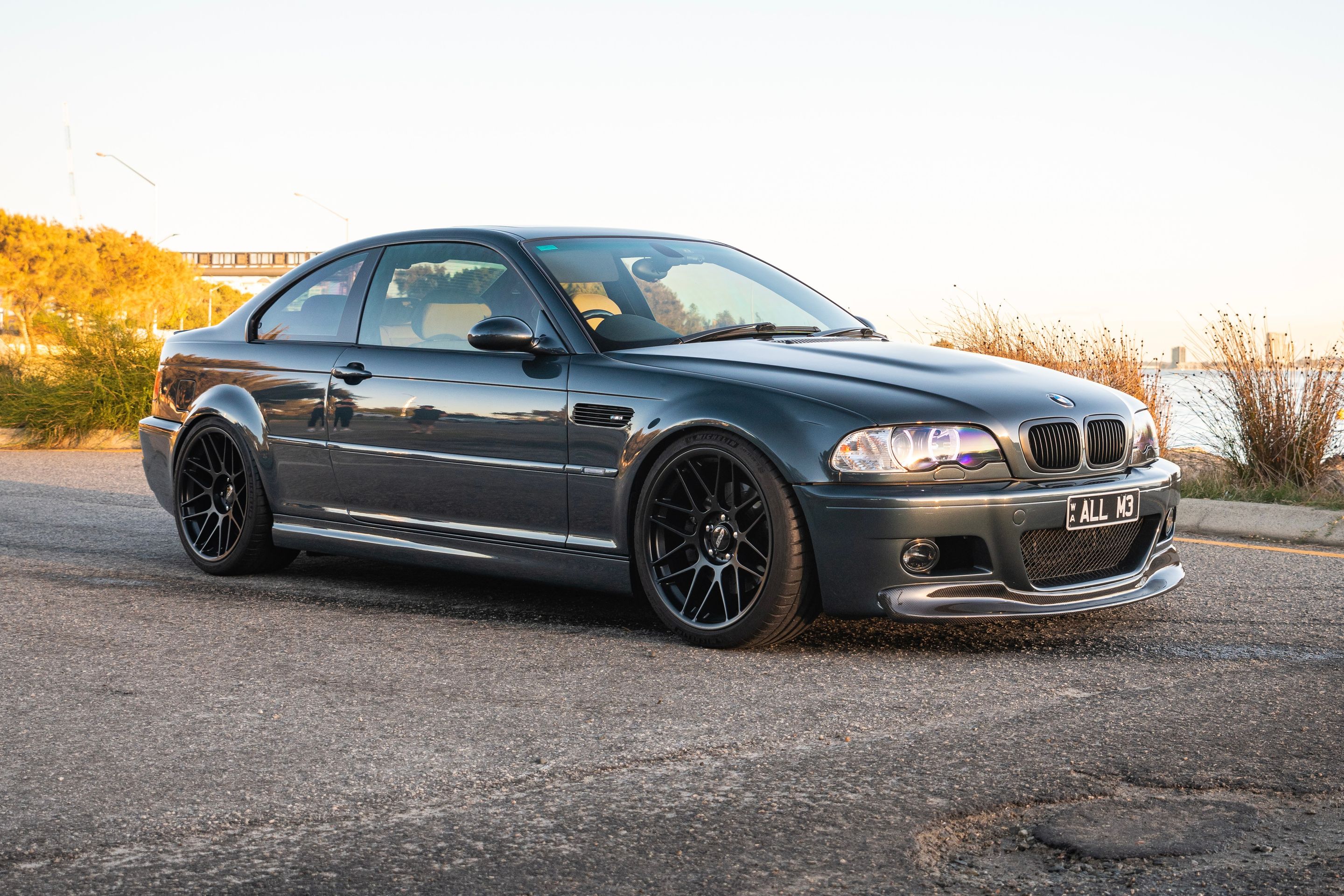 Blue BMW E46 M3 with 19" ARC-8 Apex wheels in Satin Black