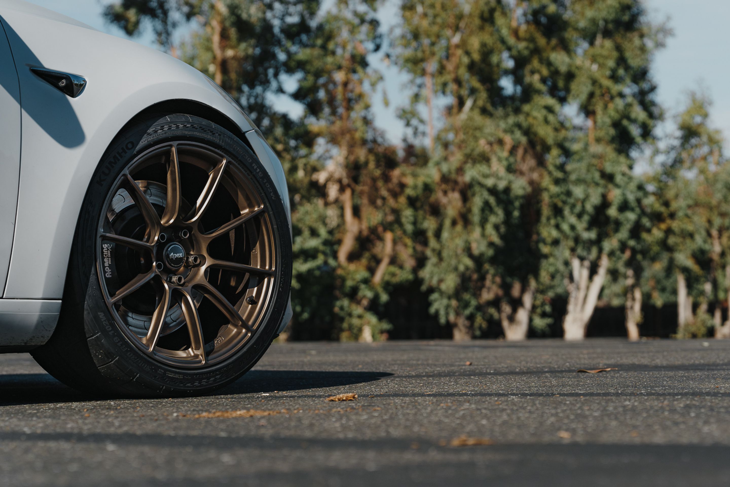 White Tesla Model 3 with 19" SM-10RS Apex wheels in Satin Bronze