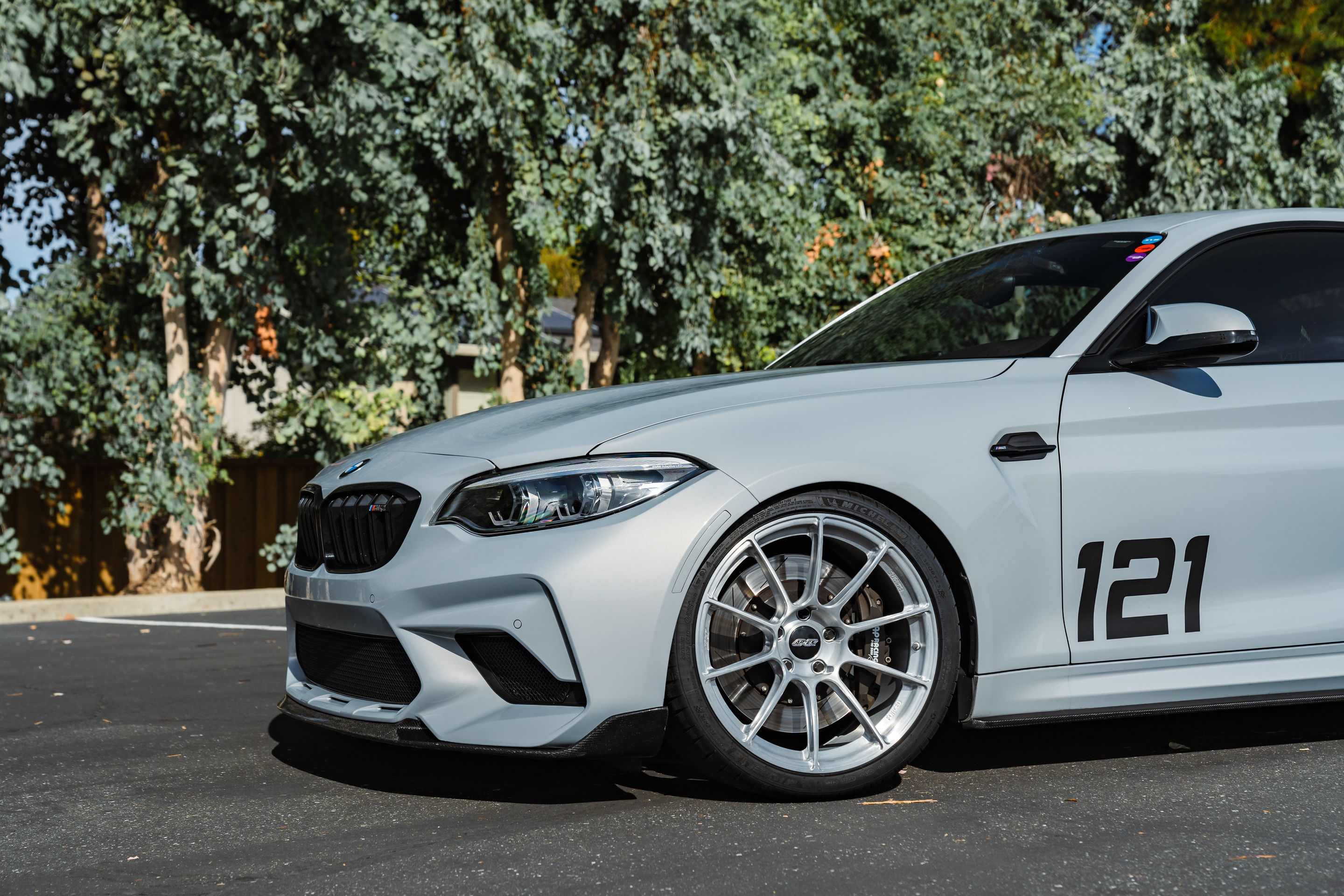 Silver BMW F87 M2 with 19" SM-10RS Apex wheels in Brushed Clear