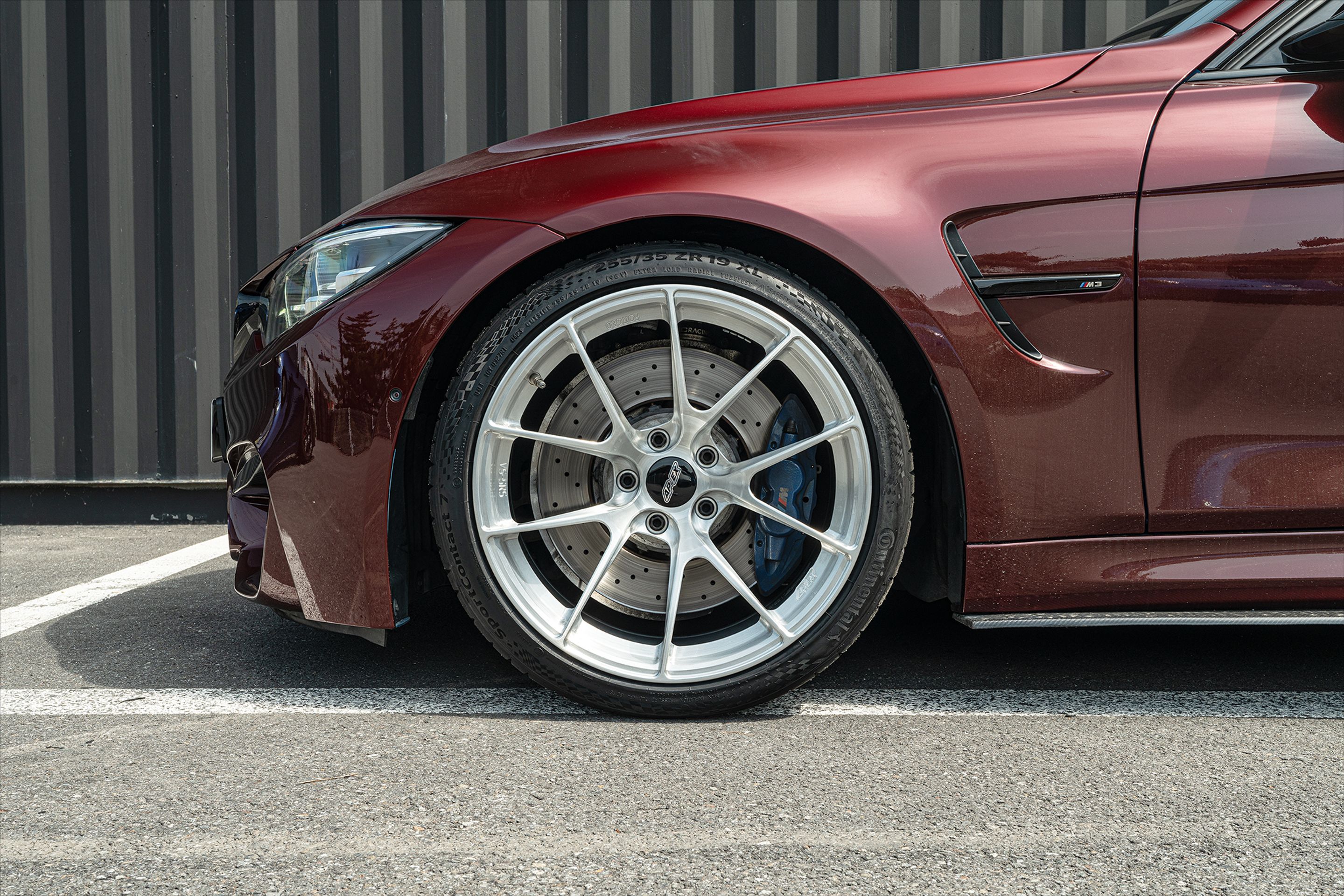 Red BMW F80 M3 with 19" VS-5RS Apex wheels in Brushed Clear