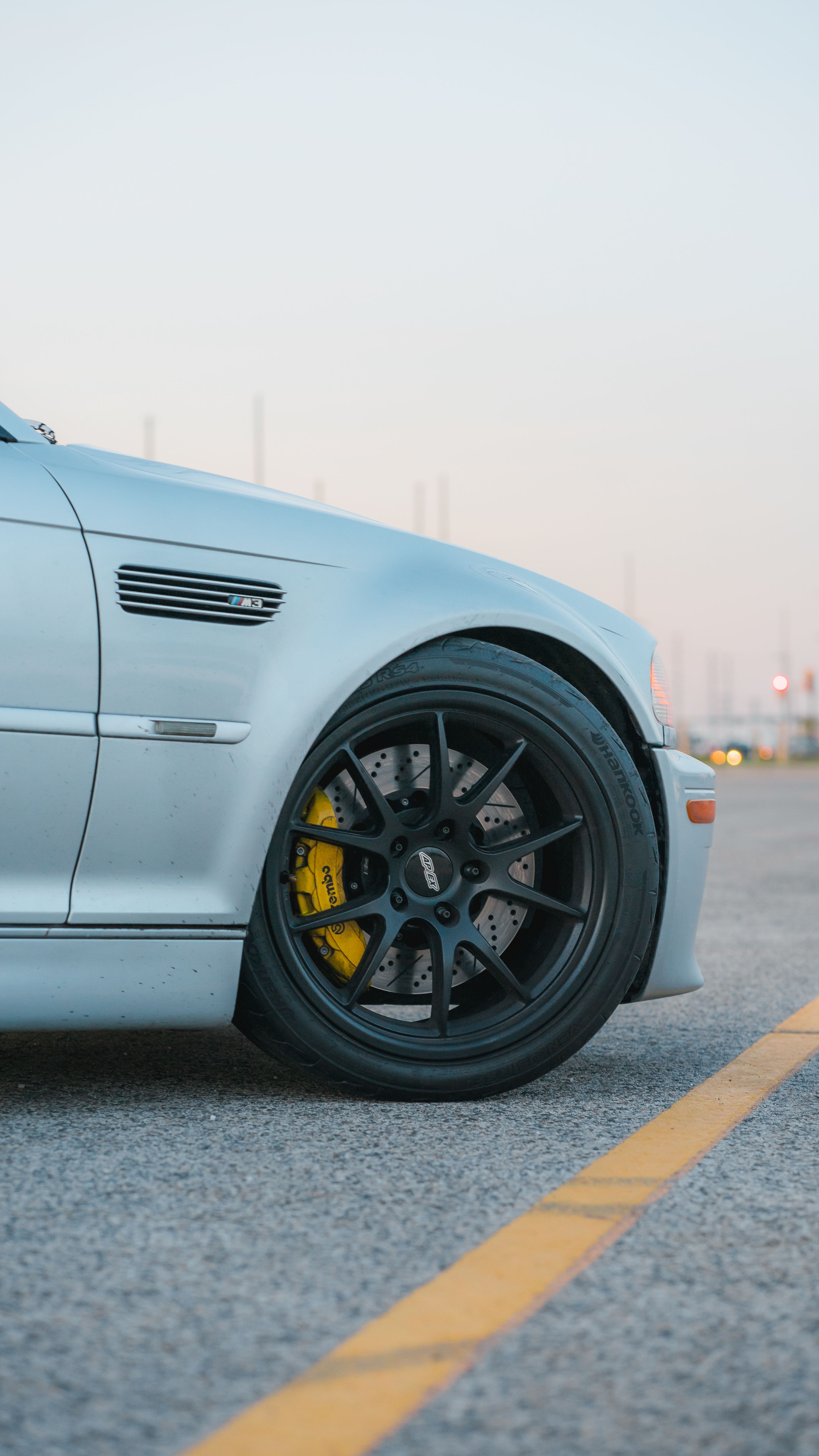 Silver BMW E46 M3 with 18" FL-5 Apex wheels in Satin Black