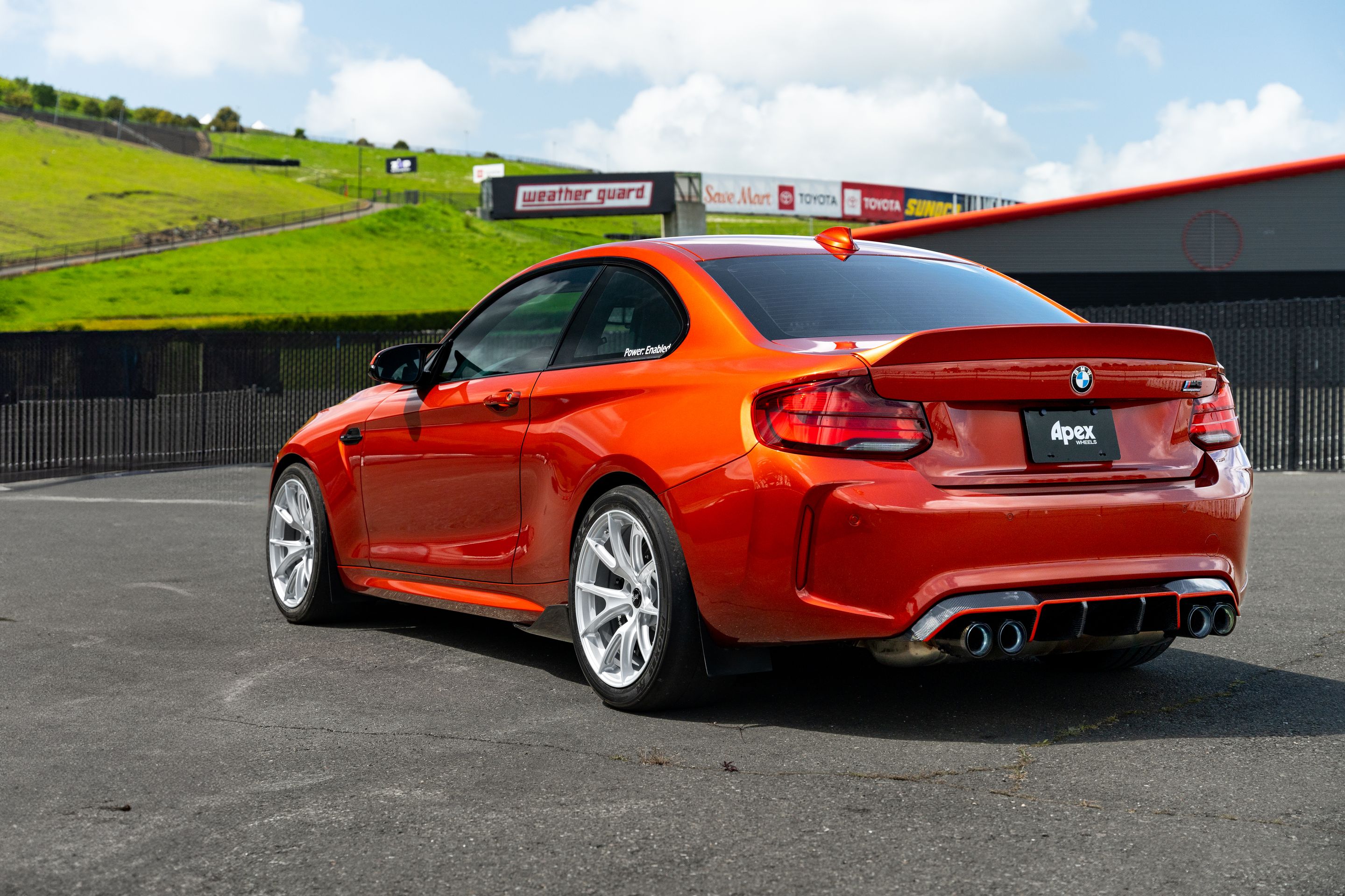 Orange BMW F87 M2 with 18" VS-5 Apex wheels in Race Silver