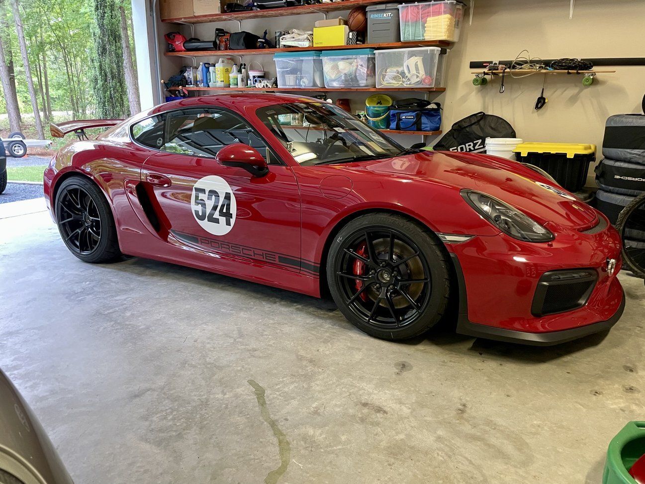Red Porsche 981 Cayman GT4 with 19" VS-5RS Apex wheels in Satin Black