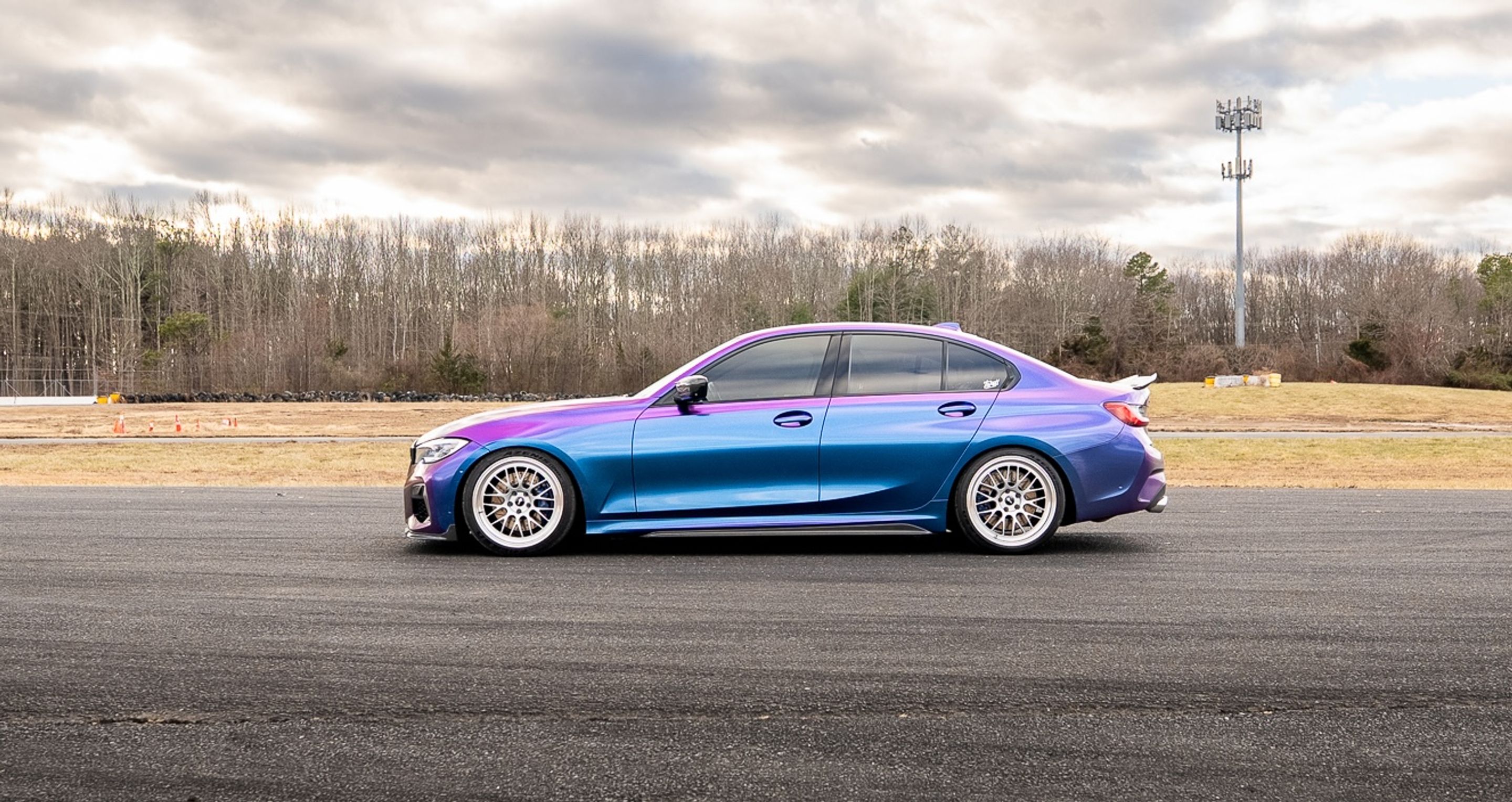Purple BMW G20 Sedan 3 Series with 19" ML-10RT Apex wheels in Machined Lip Race Silver