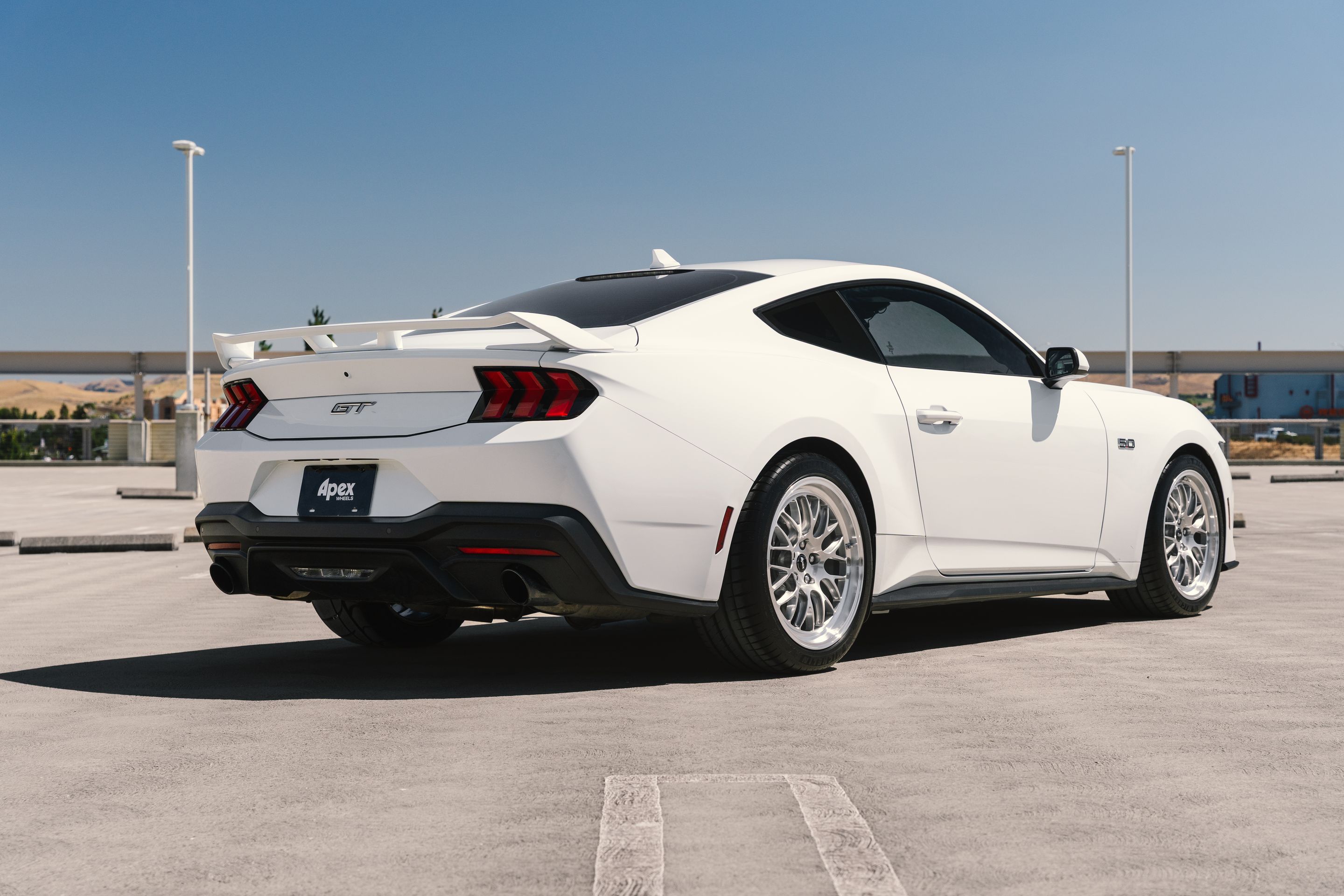 White Ford S650 Mustang GT with 19" ML-10RT Apex wheels in Machined Lip Brushed Clear