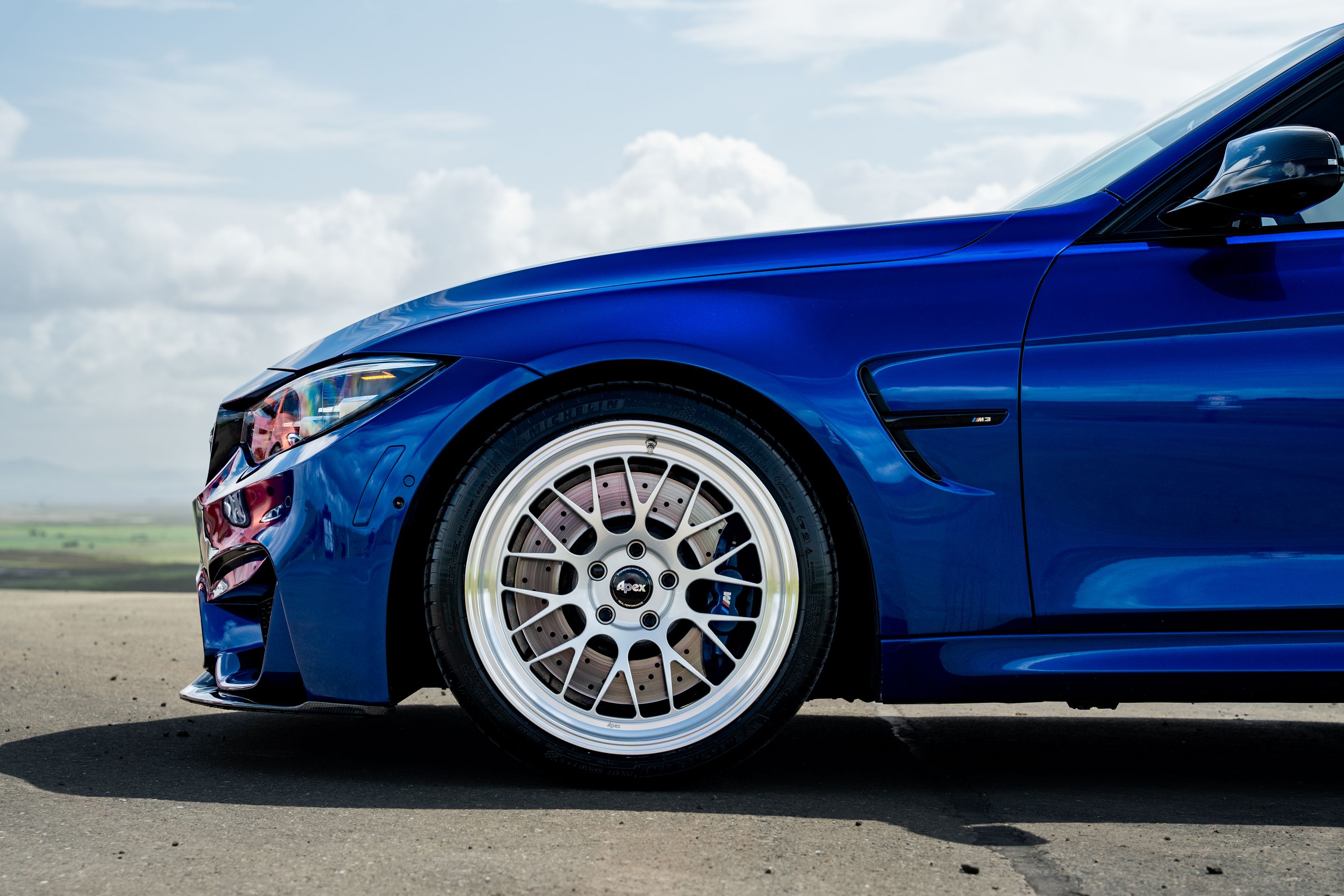 Blue BMW F80 M3 with 19" ML-10RT Apex wheels in Machined Lip Race Silver