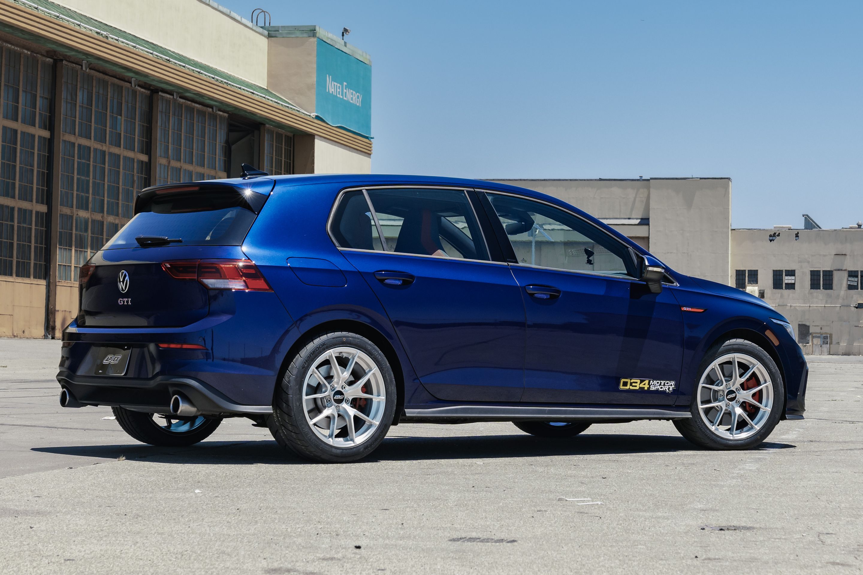 Blue VW MK8 GTI with 17" VS-5RS Apex wheels in Brushed Clear