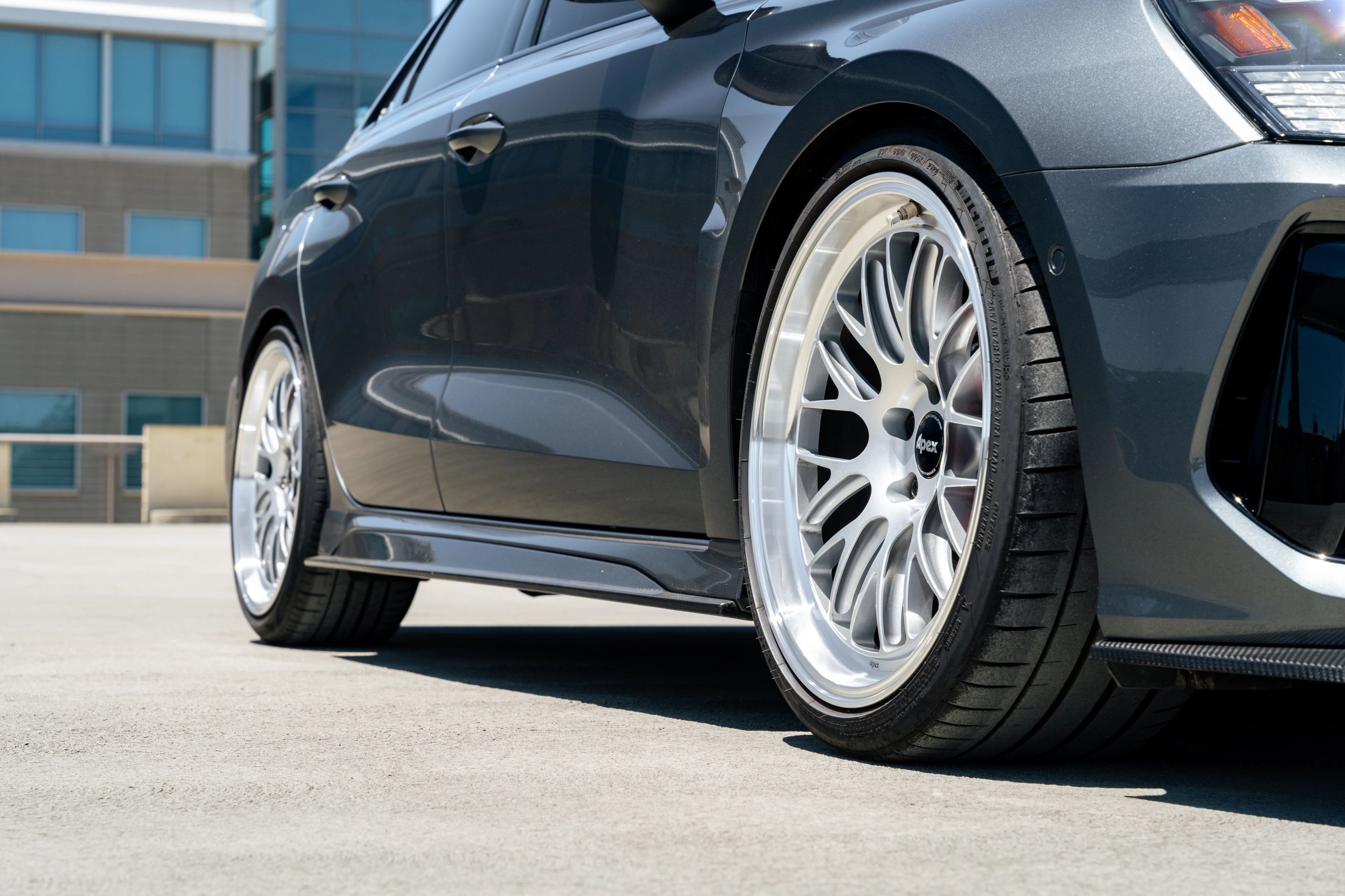 Grey Audi 8Y RS 3 with 19" ML-10RT Apex wheels in Machined Lip Race Silver