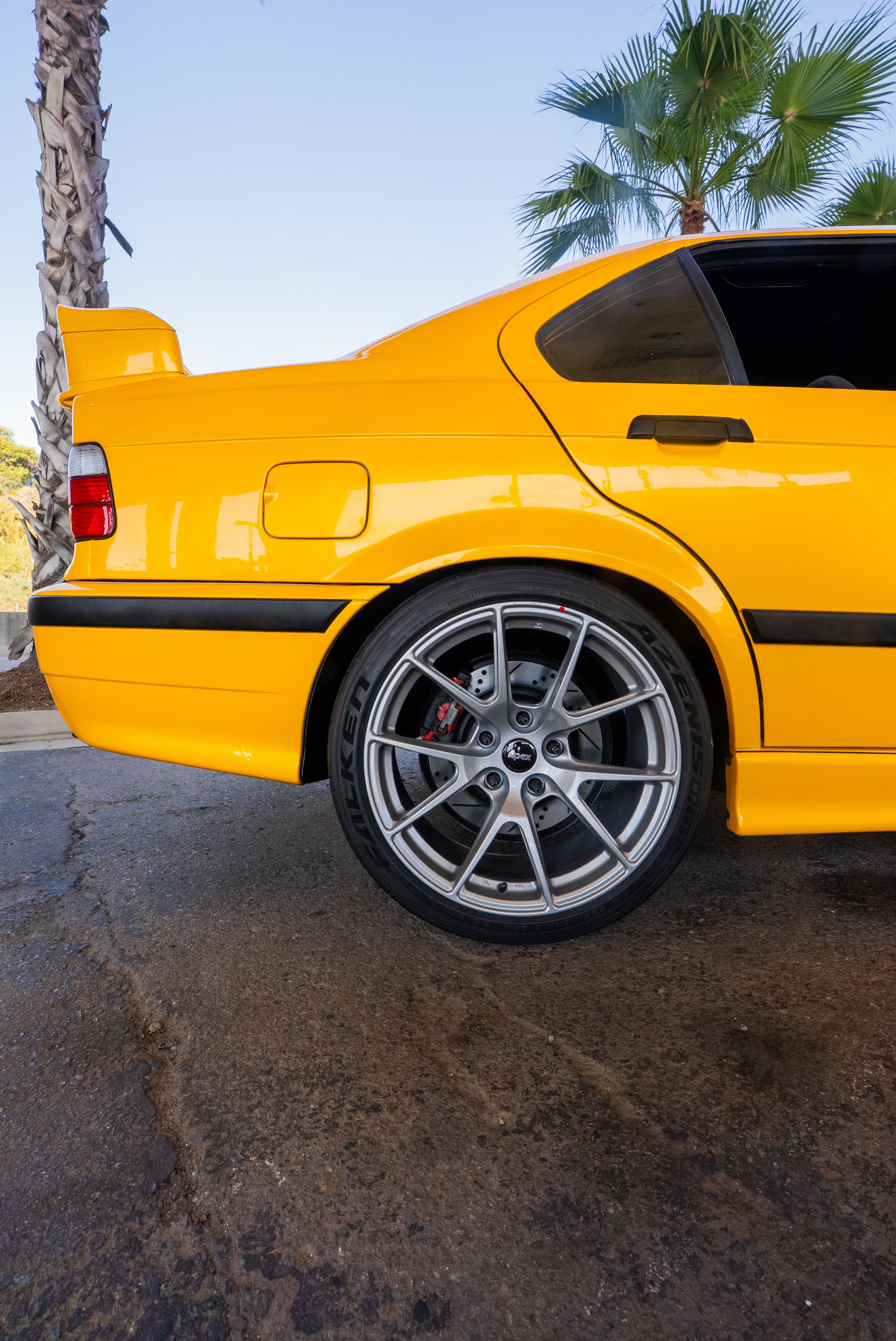 Yellow BMW E36 M3 with 18" VS-5 Apex wheels in Race Silver