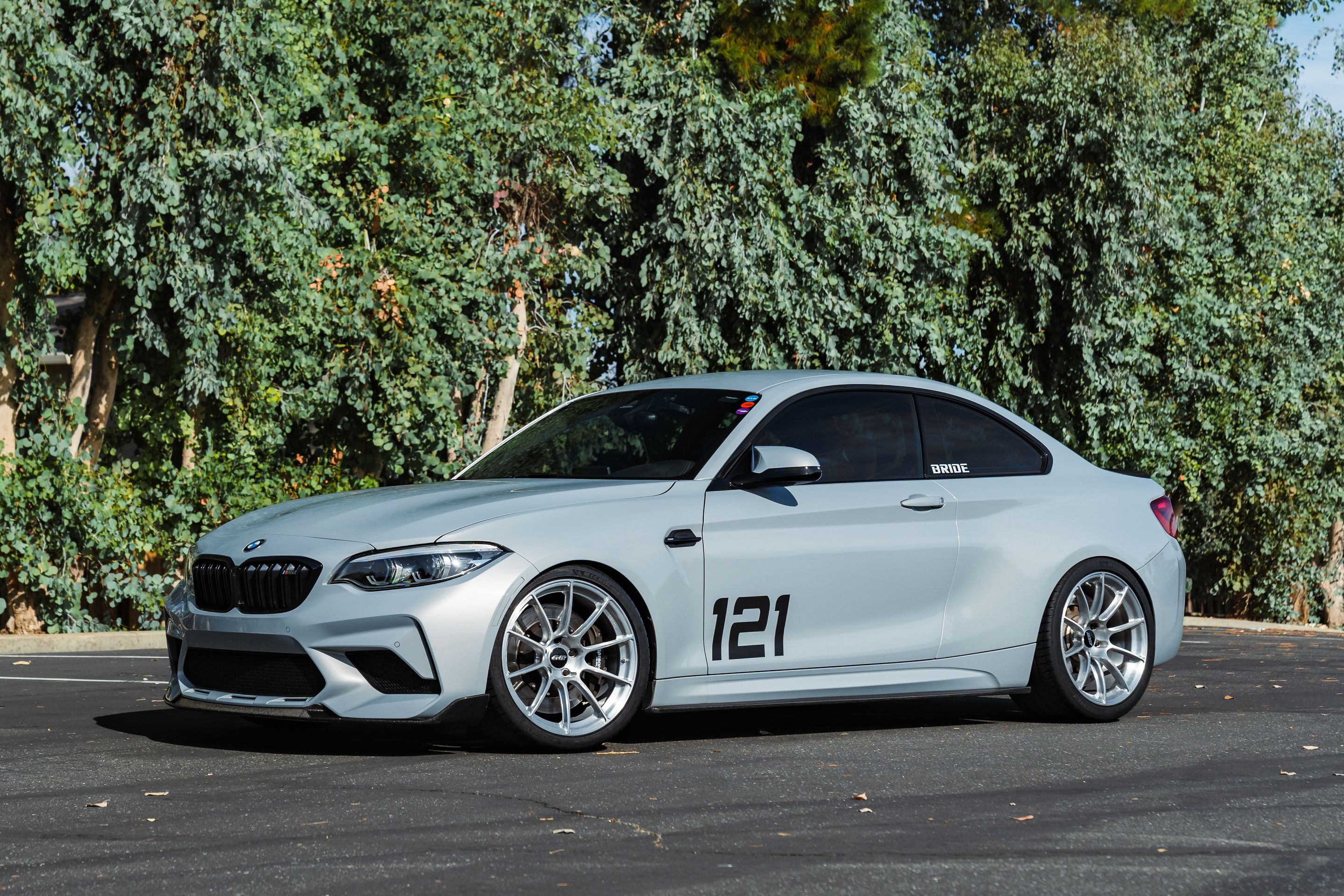 Silver BMW F87 M2 with 19" SM-10RS Apex wheels in Brushed Clear