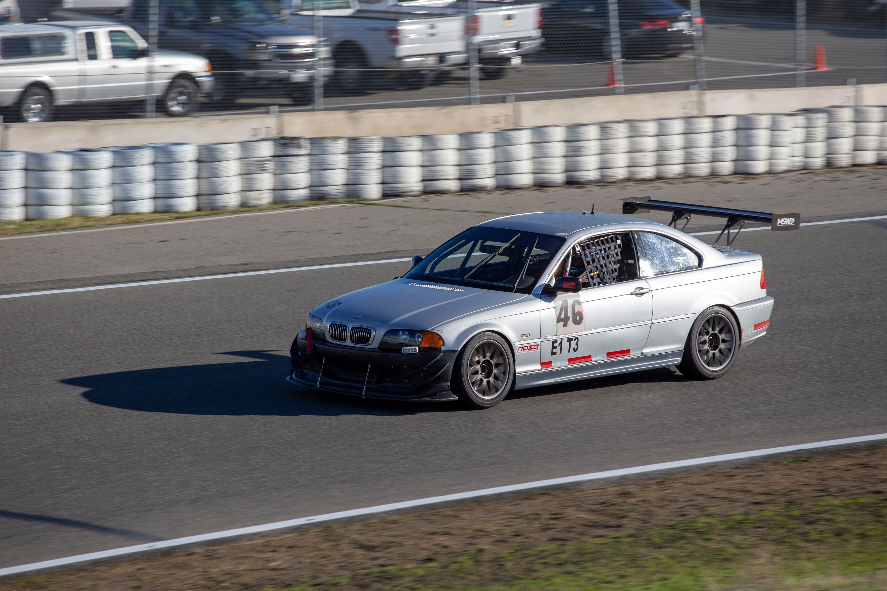 Silver BMW Spec E46 with 17" ARC-8 Apex wheels in Anthracite