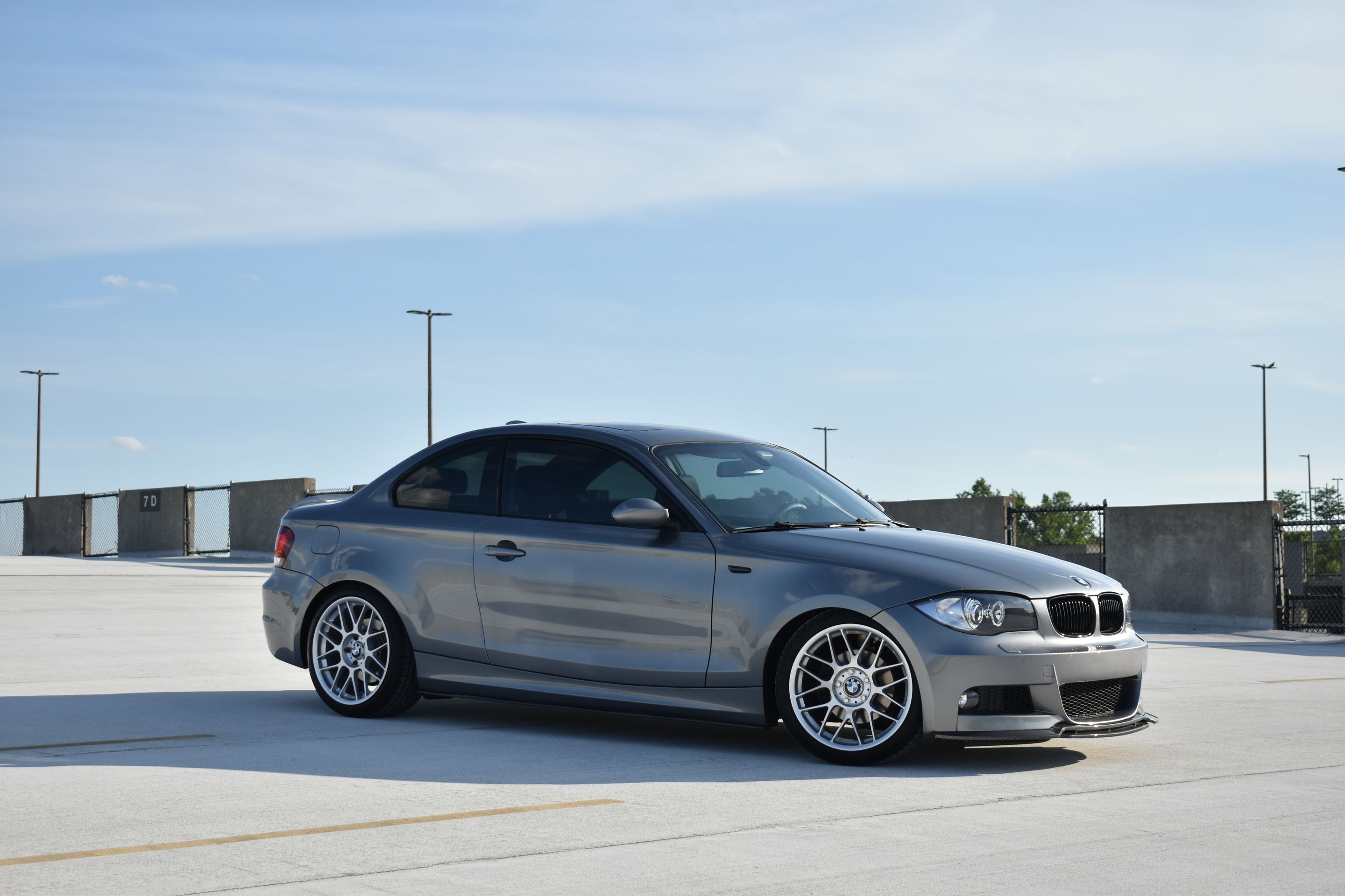 Silver BMW E82 Coupe 1 Series with 18" ARC-8 Apex wheels in Race Silver