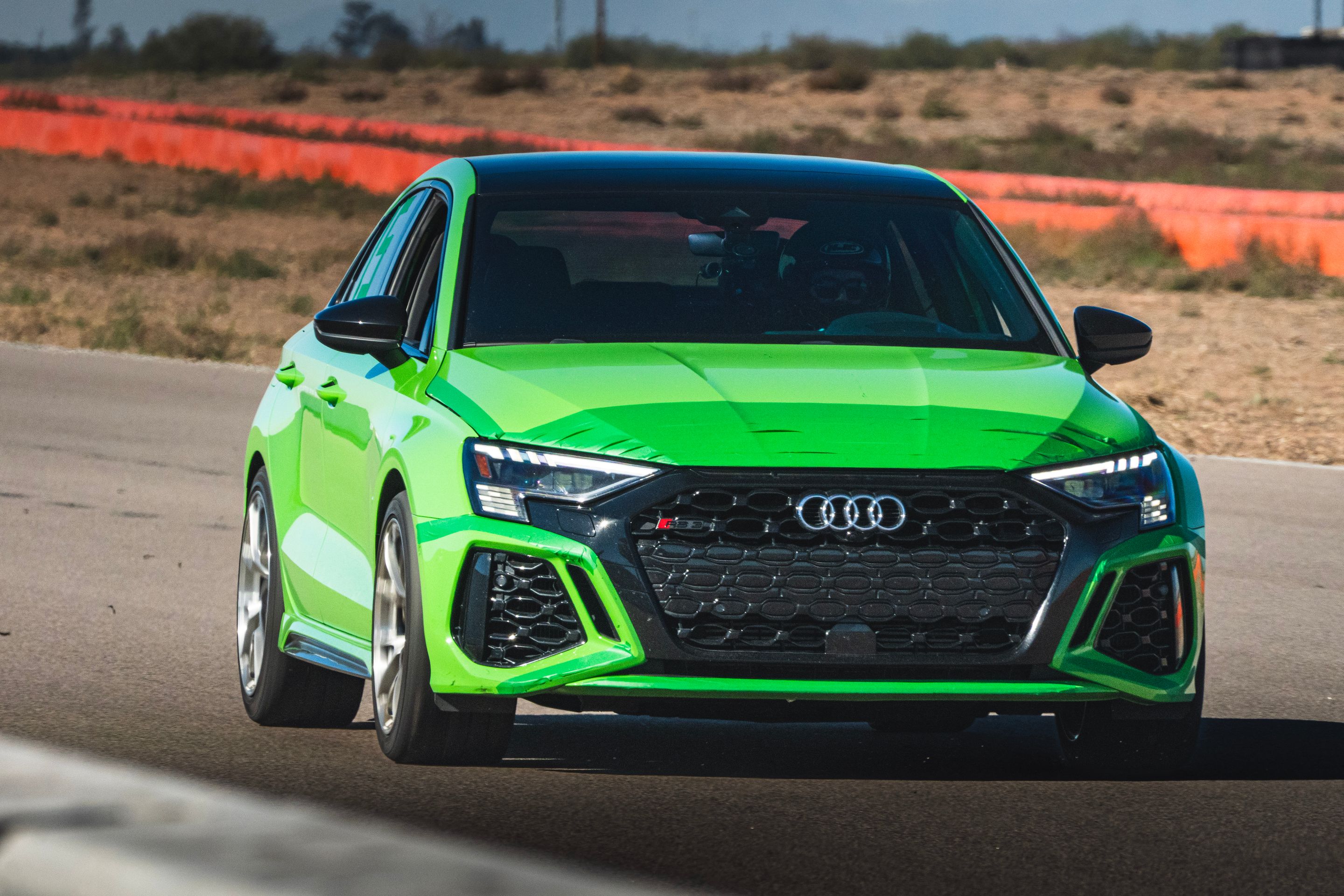 Green Audi 8Y RS 3 with 18" VS-5RS Apex wheels in Brushed Clear