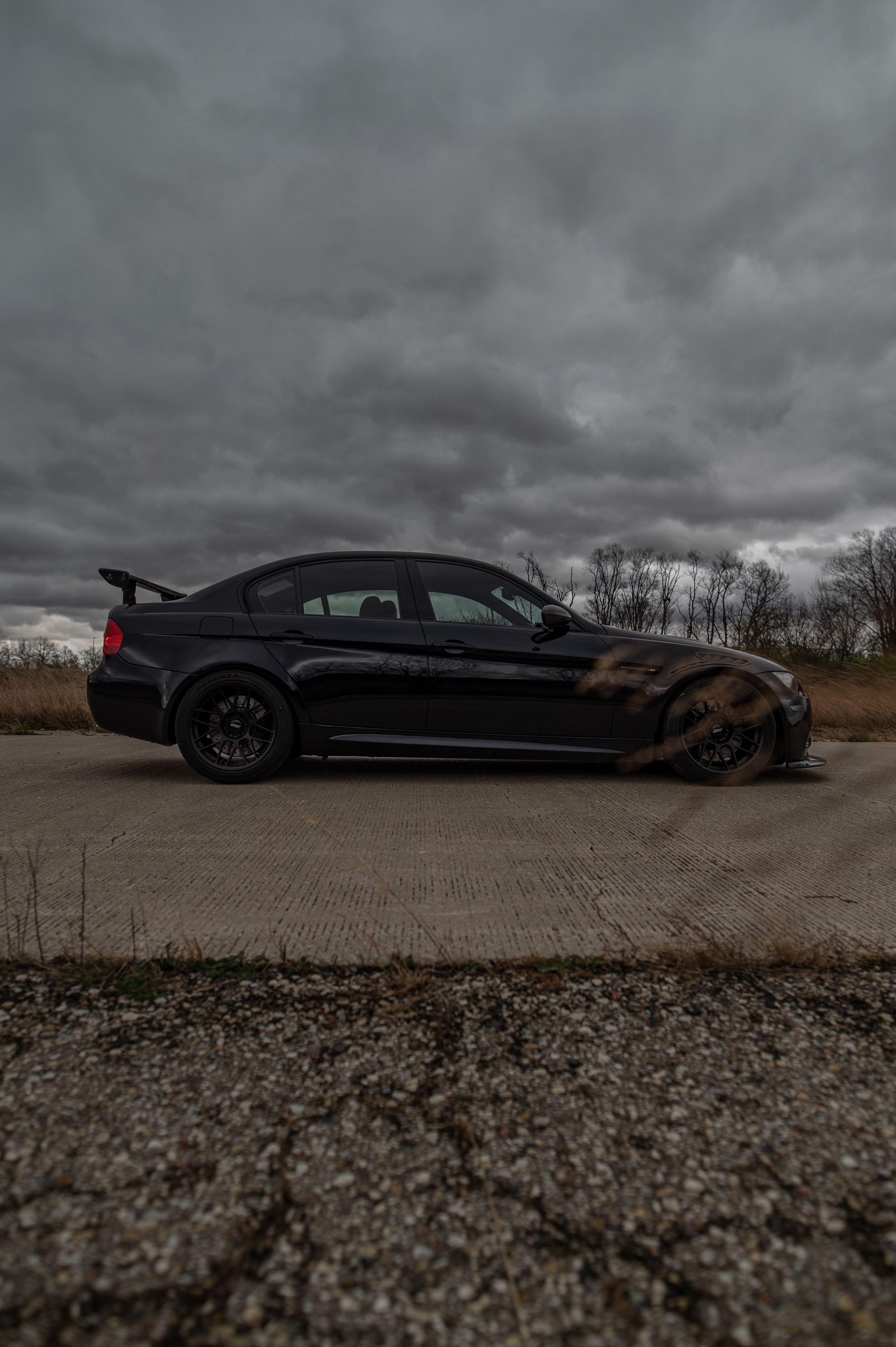 Black BMW E90 Sedan M3 with 18" ARC-8 Apex wheels in Satin Black