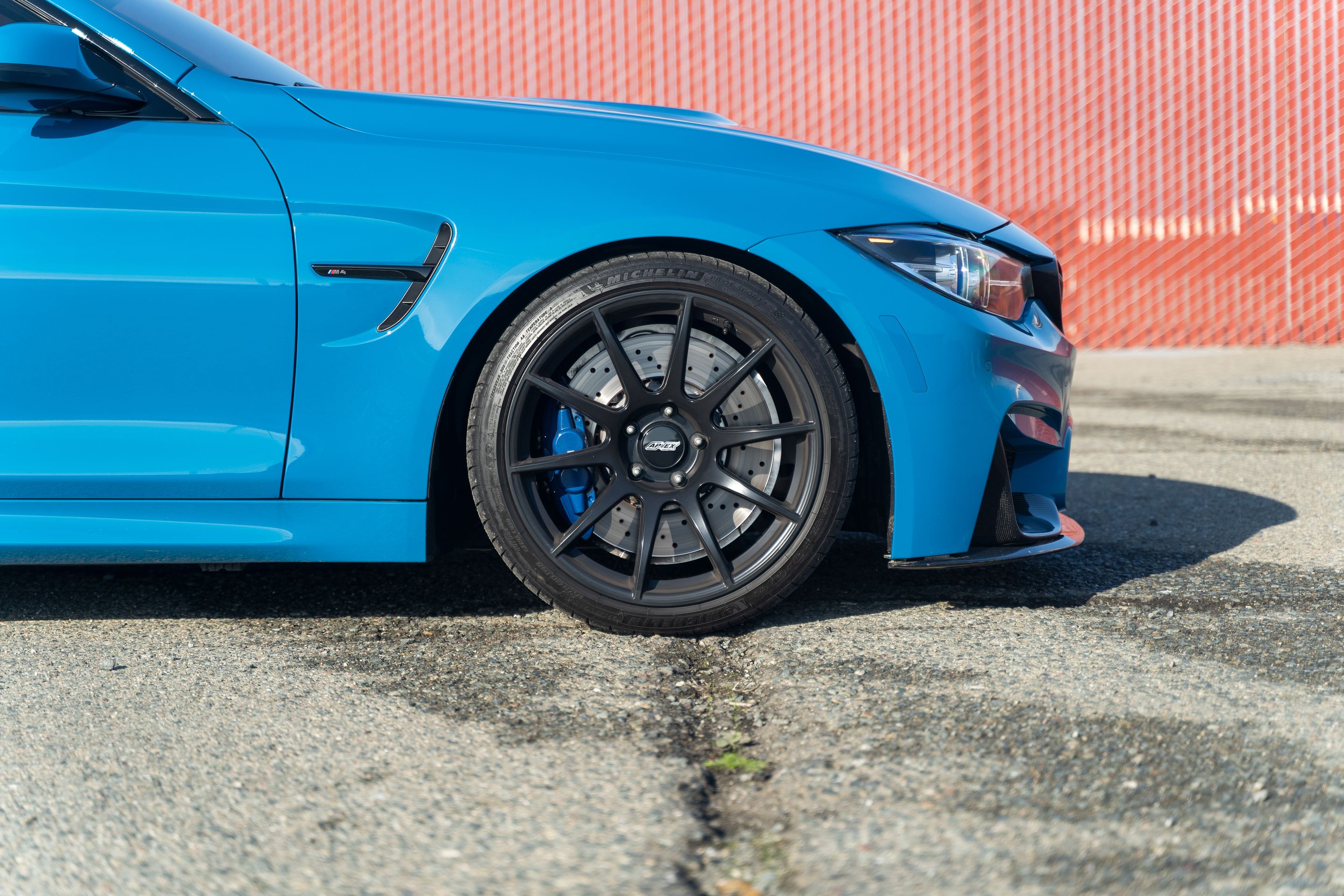 Blue BMW F82 Coupe M4 with 19" SM-10 Apex wheels in Satin Black