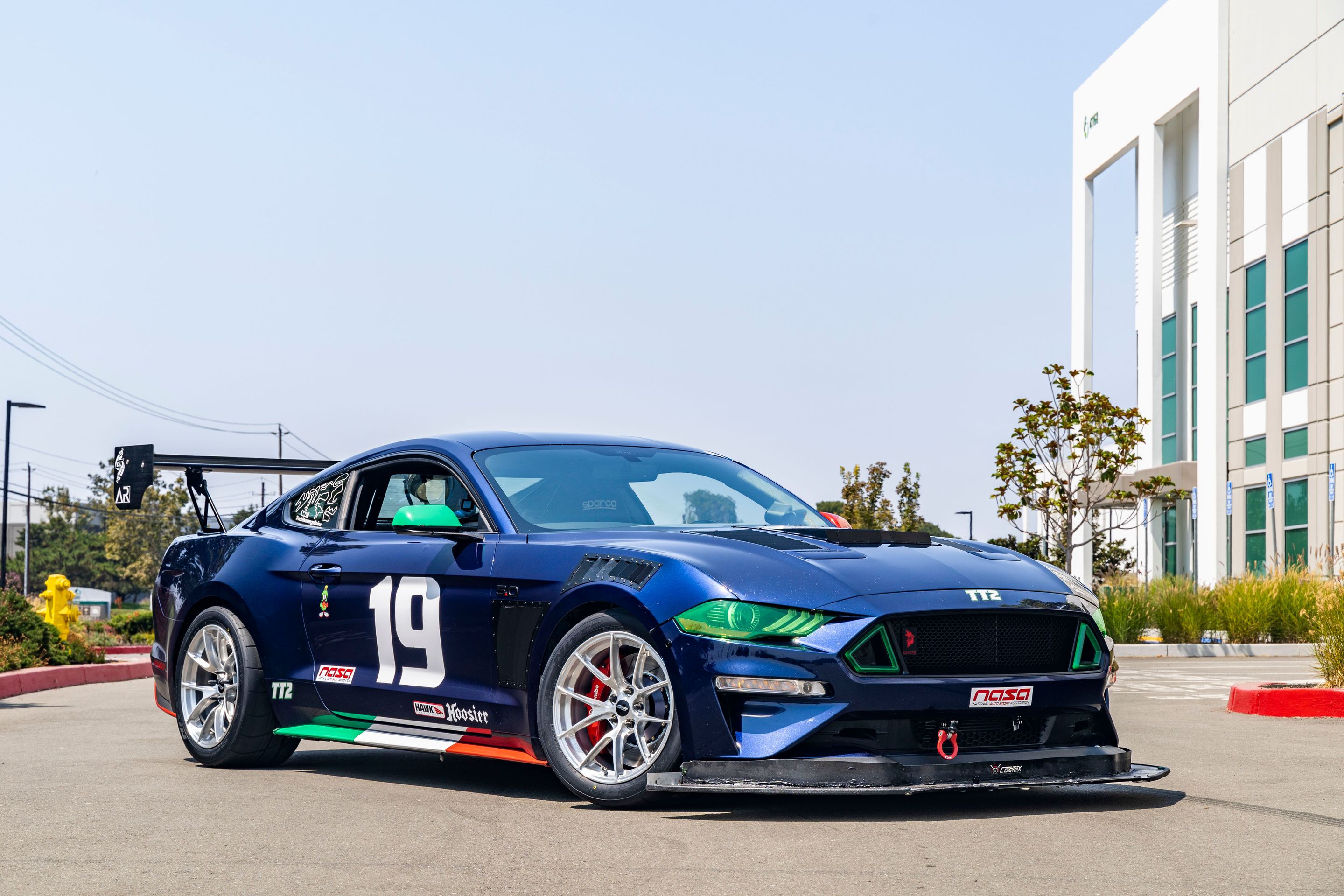 Blue Ford S550 Mustang GT with 18" VS-5RS Apex wheels in Brushed Clear