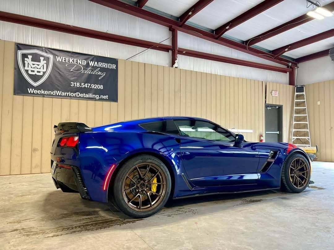 Blue Chevrolet C7 Corvette Grand Sport with 18"/19" VS-5RS Apex wheels in Satin Bronze