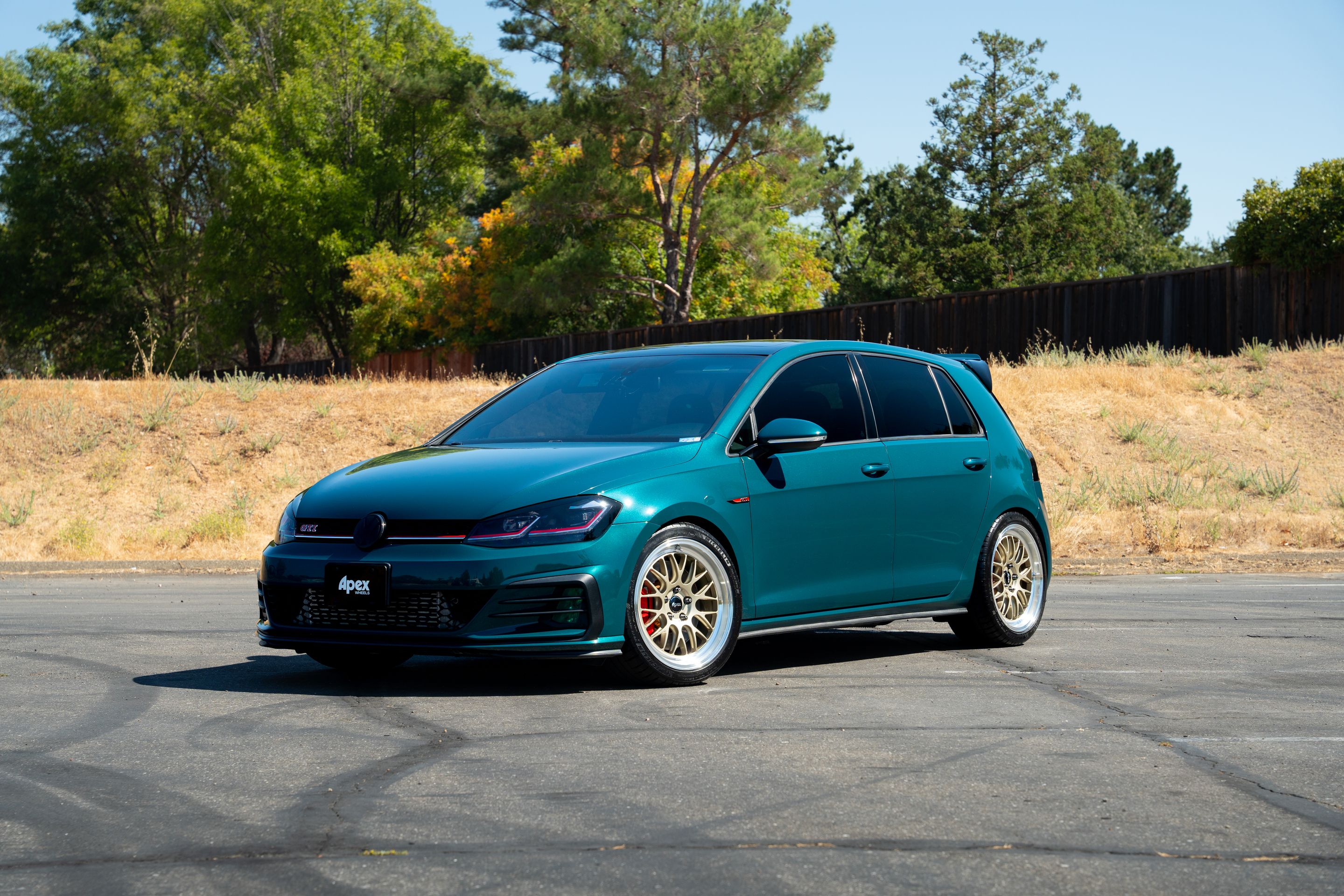 Green VW MK7 GTI with 18" ML-10RT Apex wheels in Machined Lip Gloss Motorsport Gold